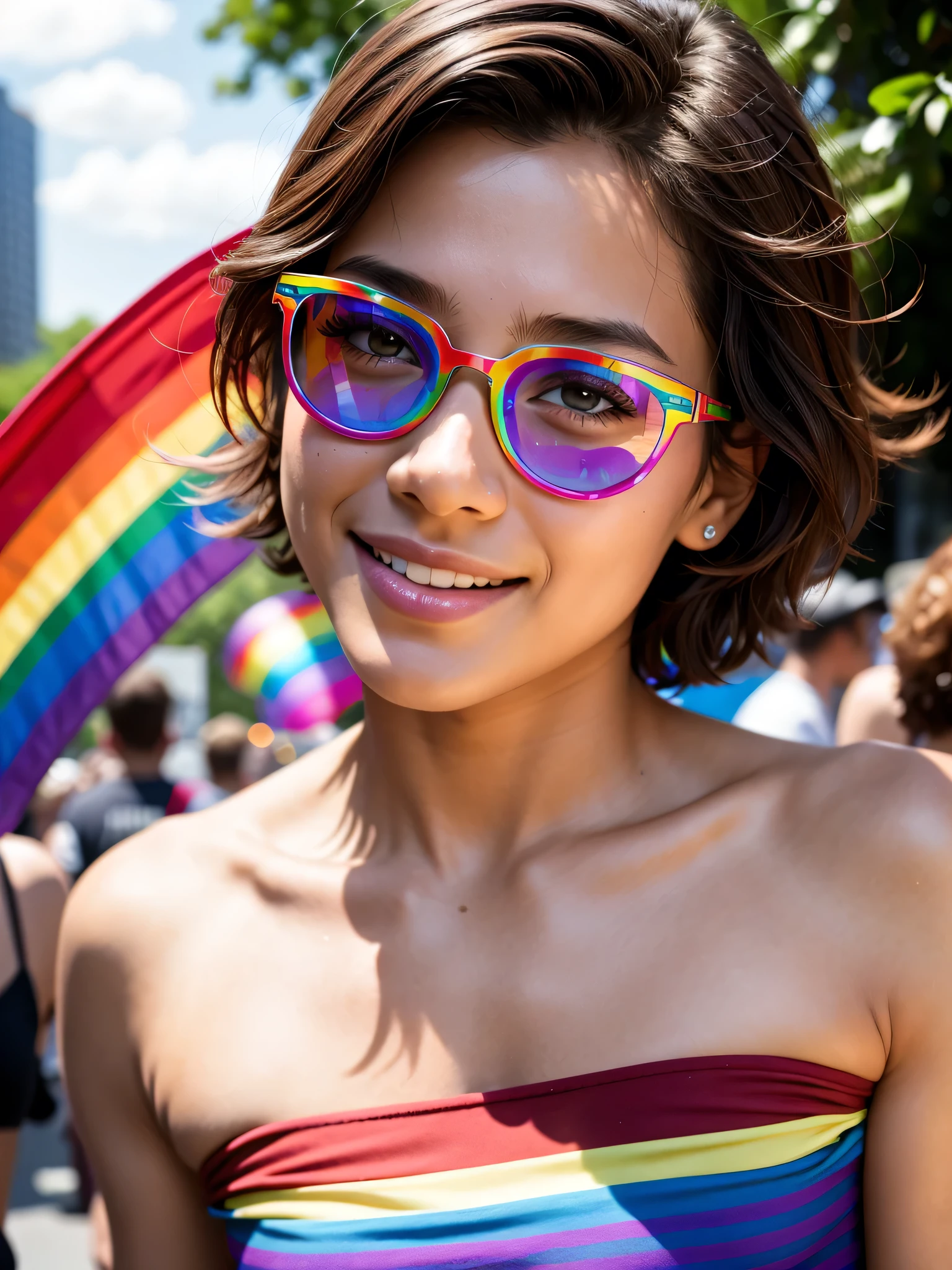 (1boy, photorealistic:1.4, ultra realistic, masterpiece:1.2, best quality, 4k, 8k), beautiful full body photograph of a handsome 21-year-old male enjoying the new york city gay pride parade wearing only sunglasses and rainbow underwear, celebrating gay pride, gay, rainbows, rainbow flag, gay pride, high energy, happy and fun moments, delicate skin, detailed face, ultra realistic skin, youthful innocence, shot on Nikon d850 50mm, dlsr, RAW, outdoor sunny summer day lighting