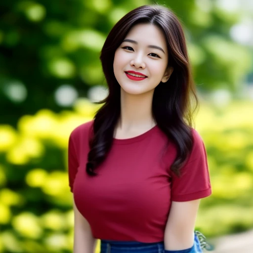 Draw the lips correctly, red lipstick, From the chest up, best quality, Extremely detailed, realistic, ผิวExtremely detailed, perfect anatomy, (Wide aperture, warm light,), (alone)，Wear a dark red shirt.，short sleeve，Blue Jeans，black belt，Long hair in a ponytail flew up.，24-year-old woman，mature，Charming smile，outdoor background，stand，leg length，chubby，big breasts，stand up，full body shot