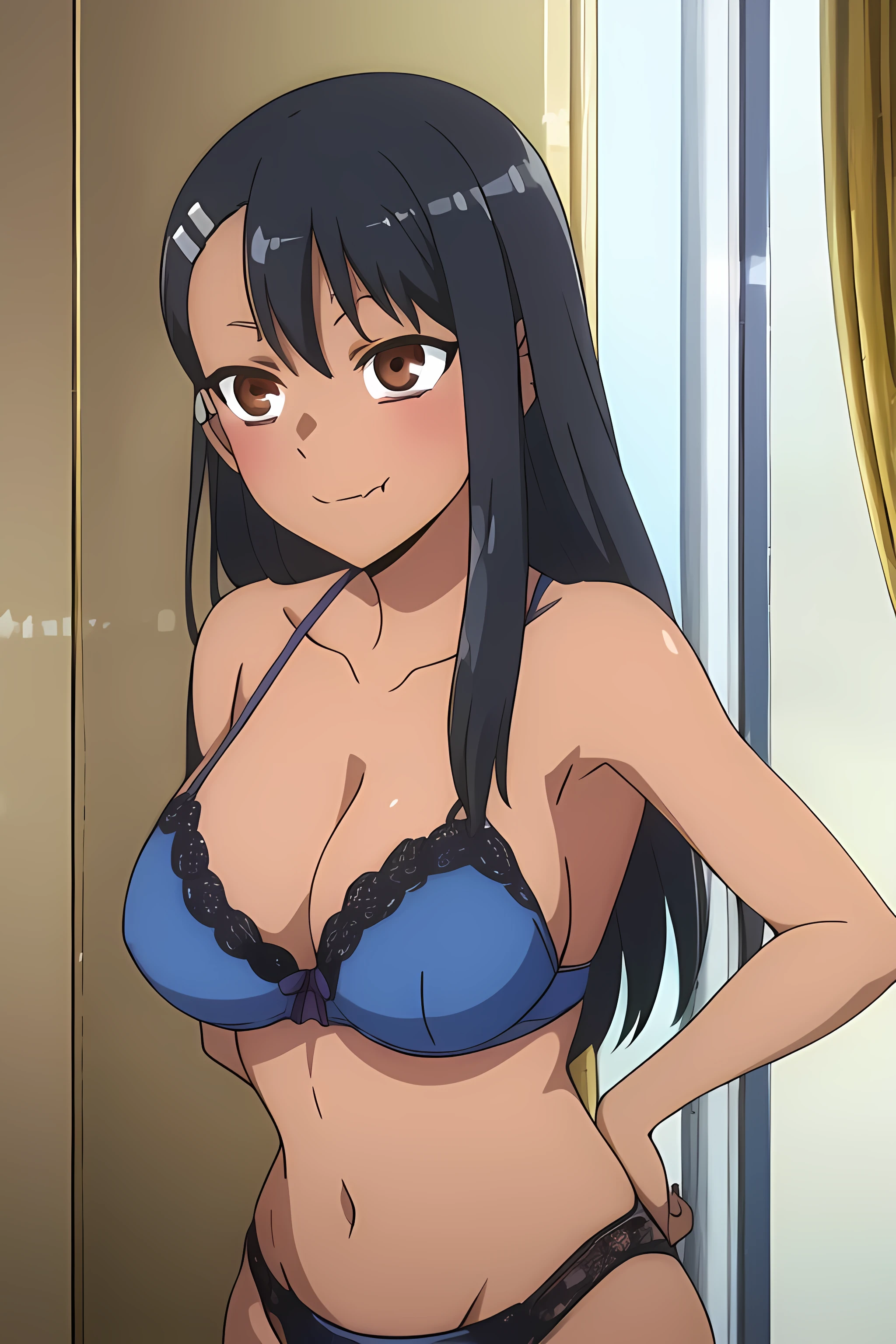 (extremely detailed CG unity 8k wallpaper), (masterpiece), (best quality), (ultra-detailed), (best illustration), (best shadow), (absurdres), 1girl, solo, pefrect face, perfect eyes,,nagatoro hayase, hair ornament, brown eyes, hairclip, ,dark skin, black hair, long hair, evil smile, skin fang, blue lace lingerie, huge breasts, shining breasts, close the camera, standing, shining breast, sfw, safe,