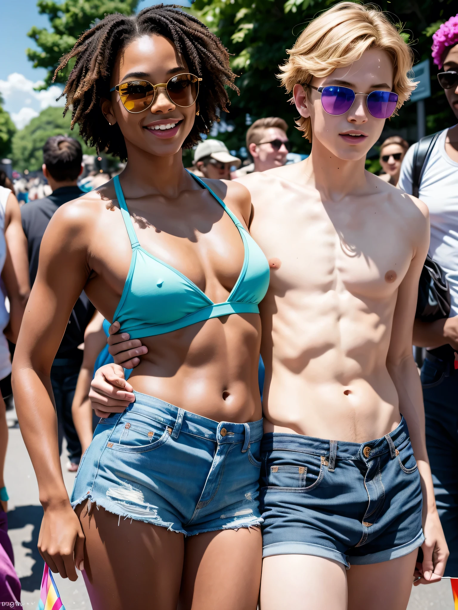 (1boy, photorealistic:1.4, ultra realistic, masterpiece:1.2, best quality, 4k, 8k), beautiful full body photograph of a handsome 21-year-old male enjoying the new york city gay pride parade wearing only sunglasses and denim booty shorts, celebrating gay pride, gay, rainbows, rainbow flag, gay pride, high energy, happy and fun moments, delicate skin, detailed face, ultra realistic skin, youthful innocence, shot on Nikon d850 50mm, dlsr, RAW, outdoor sunny summer day lighting