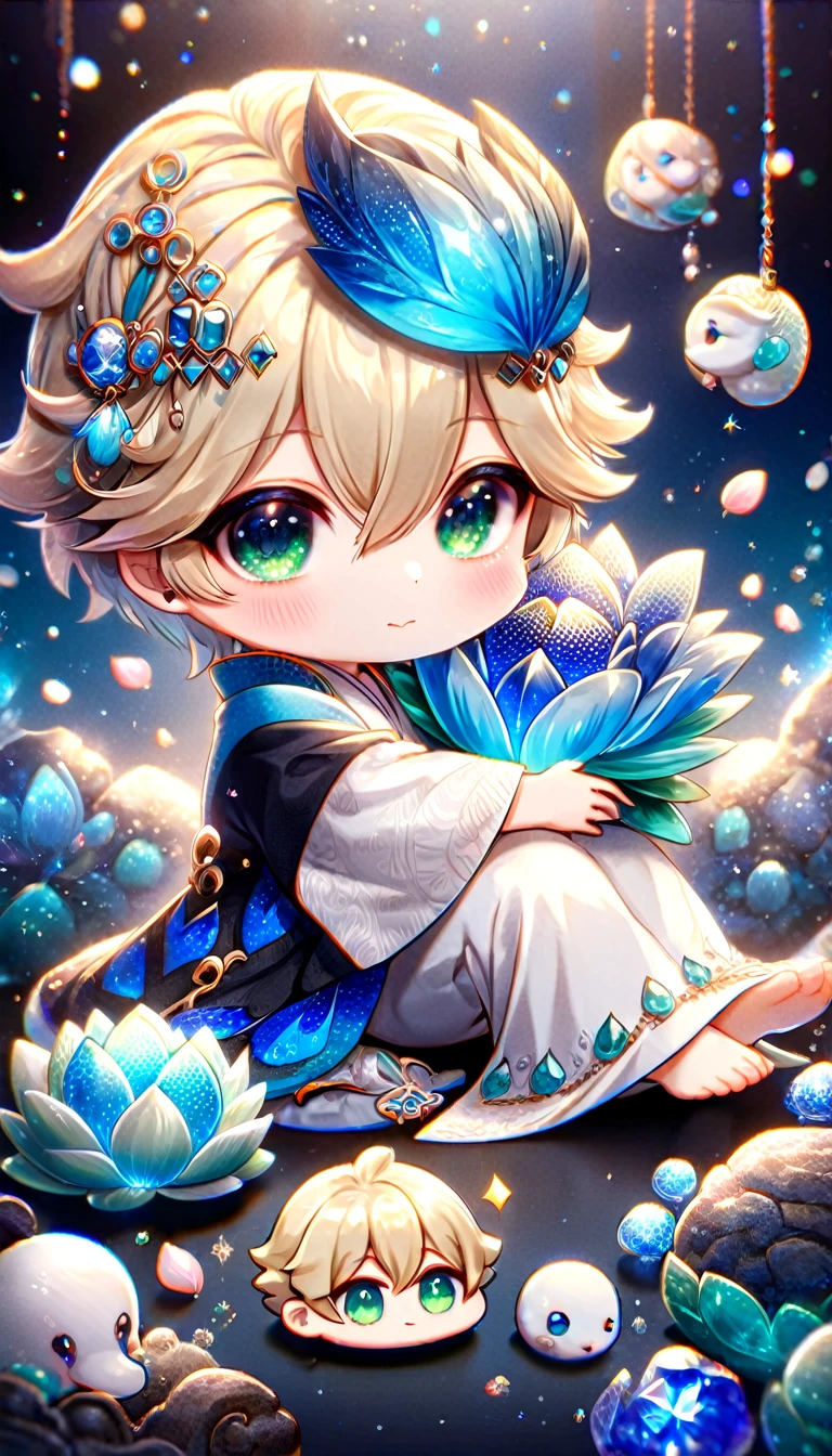 (absurdres, highres, ultra detailed, HDR) master piece, best quality, delicated features, Taishakuten chibi, ash-blonde hair, hair between the eyes, expressive green eyes, Onmyoji, hugging a blue dragon, cute, black haori, white kimono with accessories, jewelry, patterns, magical fantasy, blue butterflies, glittering, sparkling, blue lotus, petals, radiant, blue background with gemstones