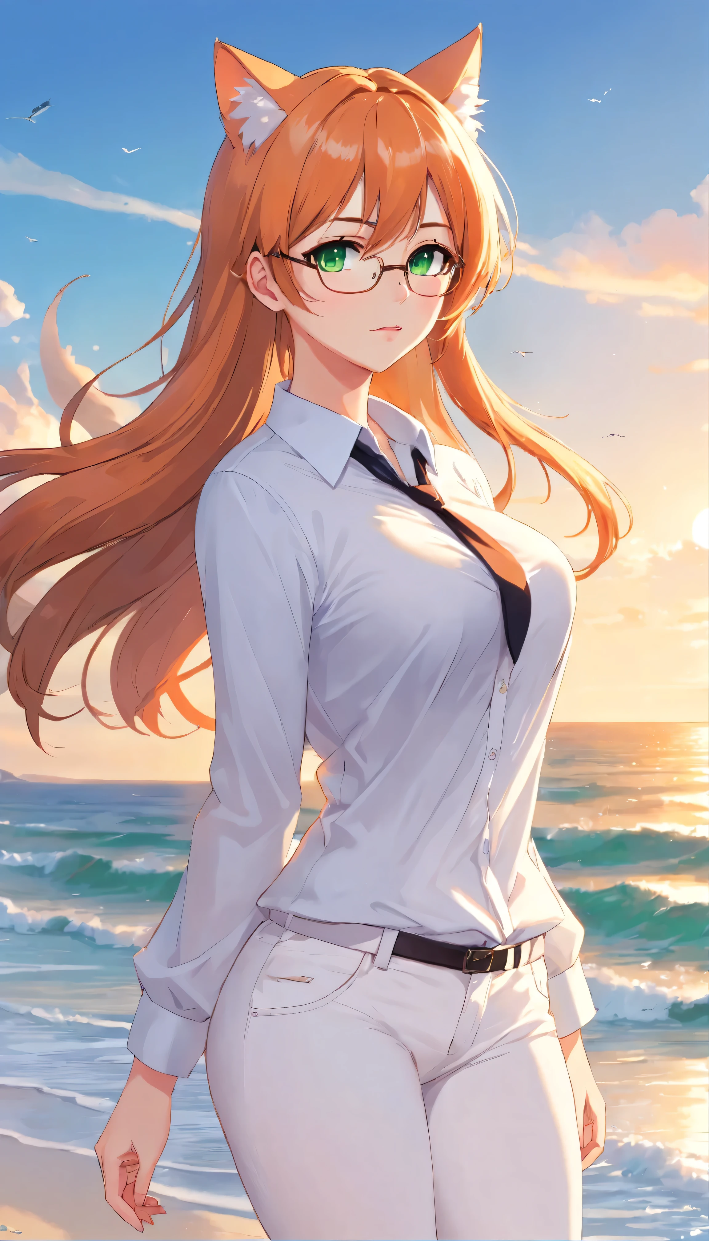 (masterpiece, Best quality), 8K, ultra detailed, realistic photo, Detailed face, perfect lighting, green eyes, bright orange hair, bright hair, fox ears, nice legs, side photo, beautiful, Cute, skin pores, 1 girl, perfect shirt, fully dressed, beautiful women 30 years old, Beautiful proportions, Russian woman, Caucasian, European, Business lady, stunningly beautiful woman, mother, thick legs, show ass, big breasts, (Thin white shirt:1.4), thick, hot, (White Office Wear:1.4), tight pants, (wide hips:1.2), thick, (white Office pants:1.3), spread your legs, Legs open, full length, wide hips, Glasses, with long orange hair, standing on the beach near the ocean, green eyes detailed digital anime art, cat ear, anime girl with long hair, гладкое аниме cg art, anime girl with long hair, digital anime art, work in Guweiz style, Beautiful anime portrait, Photorealistic render of an anime girl, pantyhose, Beautiful anime girl, advanced digital anime art, guweiz на artstation pixiv HD UHD HQ
