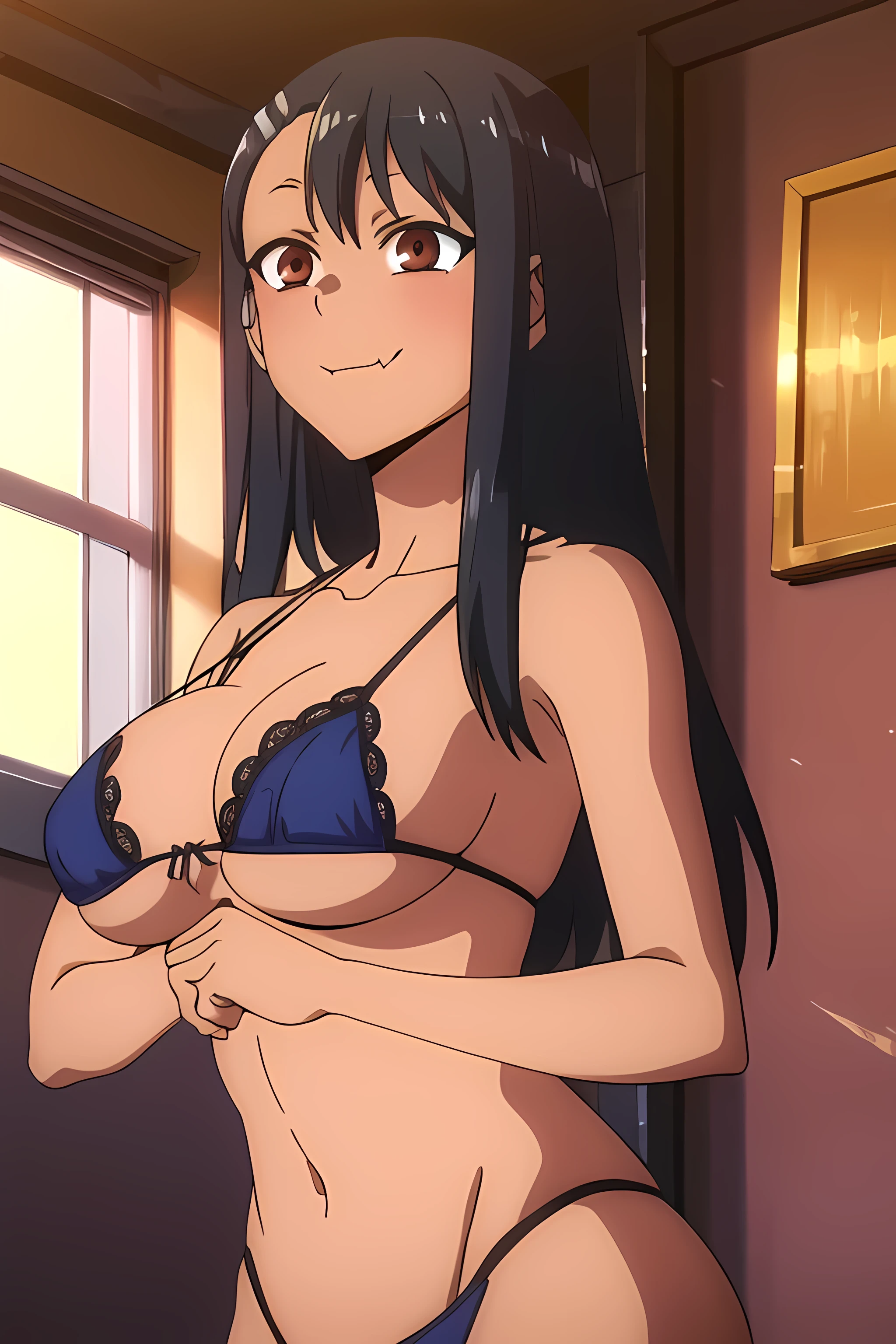 (extremely detailed CG unity 8k wallpaper), (masterpiece), (best quality), (ultra-detailed), (best illustration), (best shadow), (absurdres), 1girl, solo, pefrect face, perfect eyes,,nagatoro hayase, hair ornament, brown eyes, hairclip, ,dark skin, black hair, long hair, evil smile, skin fang, blue lace lingerie, ????????????, shining ???????, close the camera, standing, shining ??????, sfw, safe, 