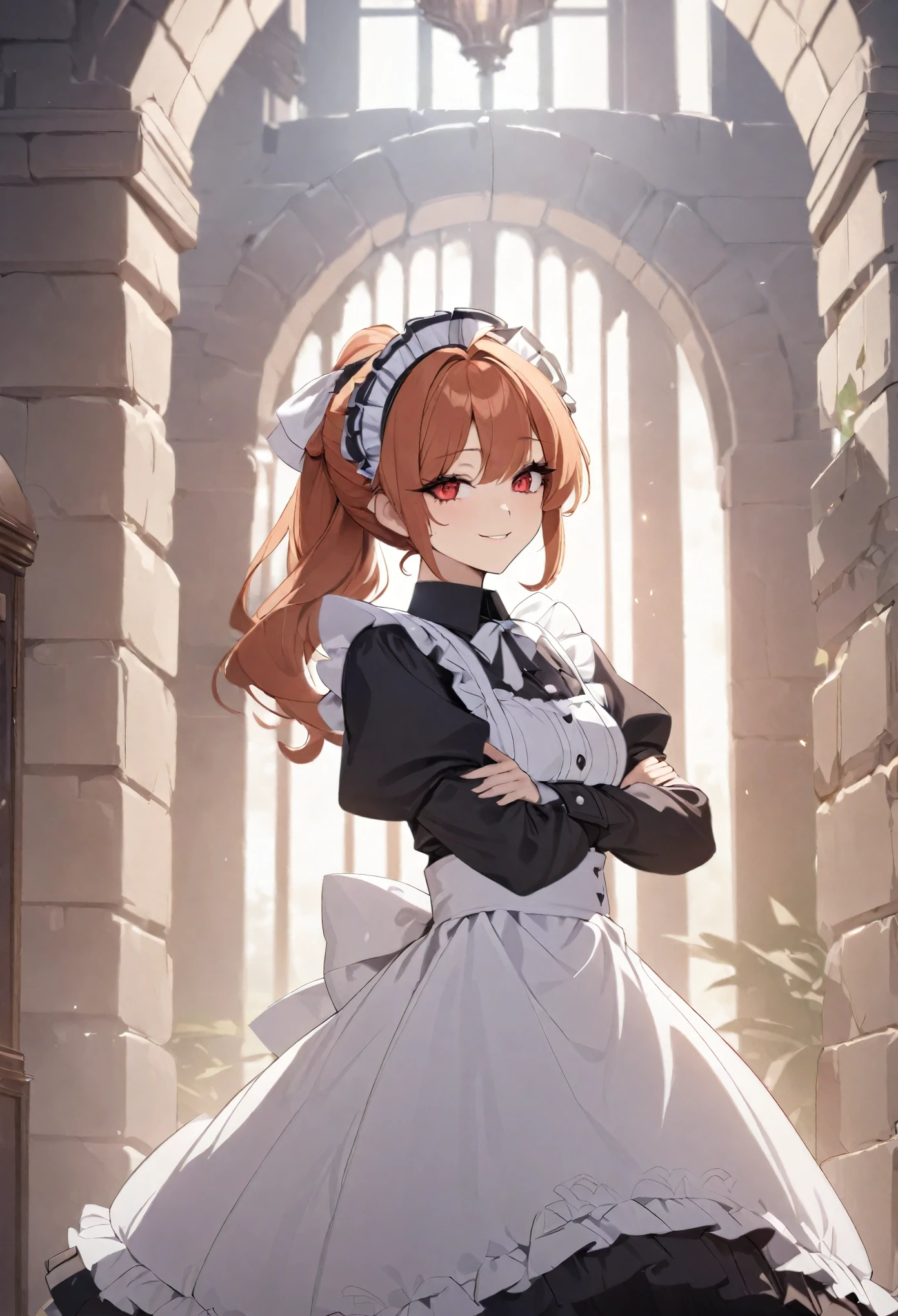 (best quality,4k,8k,highres,masterpiece:1.2),ultra-detailed, (1girl) A cute teenage bodyguard maid with red eyes, drawn in anime style, spiky ginger hair in a long ponytail, victorian fashion, wearing a cute black maid dress with puffy sleeves, corset, tactical gear, light armour, petticoat, bloomers, a frilly headband, a frilly white ?????, high-heel boots, ribbons, gun holster, steampunk style, girlish smile, feminine and elegant posture, waiting in a castle hallway, extremely detailed eyes and face,long eyelashes,volumetric lighting,cinematic lighting,protective posture,dramatic close up,highly detailed texture,intricate details.