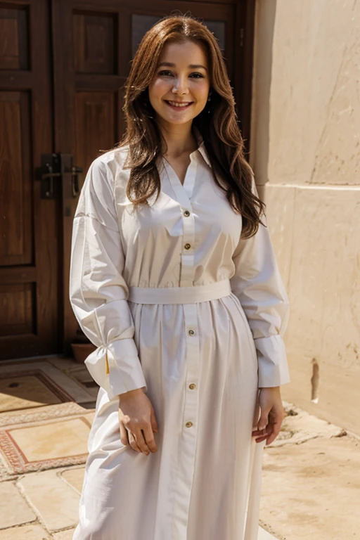 Sarah Drew dressed in traditional Saudi Arabian clothing and smiling