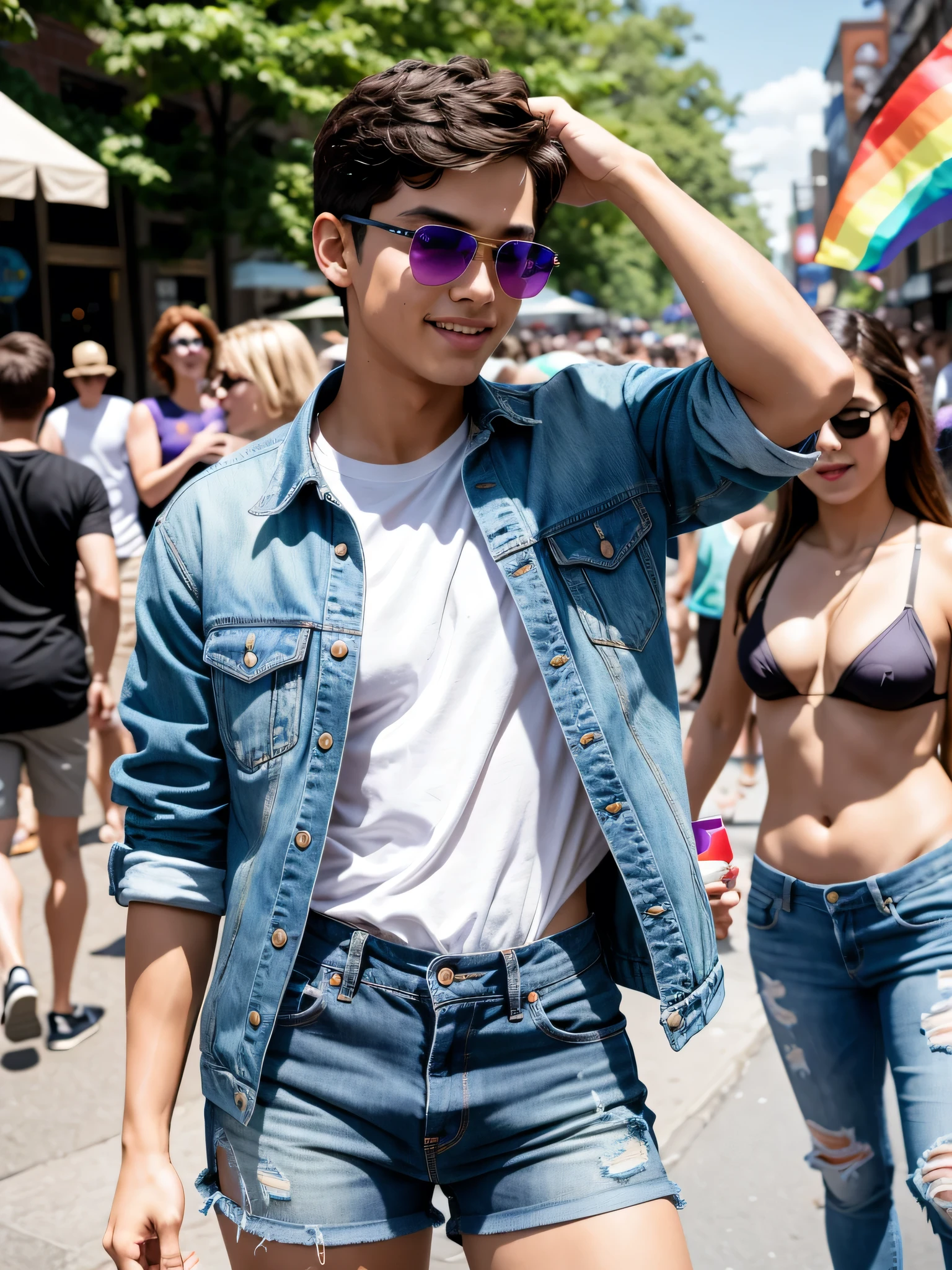 (1boy, photorealistic:1.4, ultra realistic, masterpiece:1.2, best quality, 4k, 8k), beautiful full body photograph of a handsome 21-year-old male enjoying the new york city gay pride parade wearing only sunglasses and denim booty shorts, celebrating gay pride, gay, rainbows, rainbow flag, gay pride, high energy, happy and fun moments, delicate skin, detailed face, ultra realistic skin, youthful innocence, shot on Nikon d850 50mm, dlsr, RAW, outdoor sunny summer day lighting