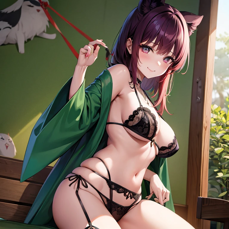 Estatura: Alta. Cabello: Largo, rojo, variaciones violeta, verde. Ojos: Verdes.Atuendo: Kimono with kohaku bow shows a little of her legs and a little of her breasts dressed in a metal bra with chains that she wears around her neck with a necklace and lace chains and garter belt bdsm chains .Cuerpo: Bolutuosa y bien dotada.
Ojos: Green with heart-shaped pupils, the girl looks at the camera from behind, raising her buttocks, smiling