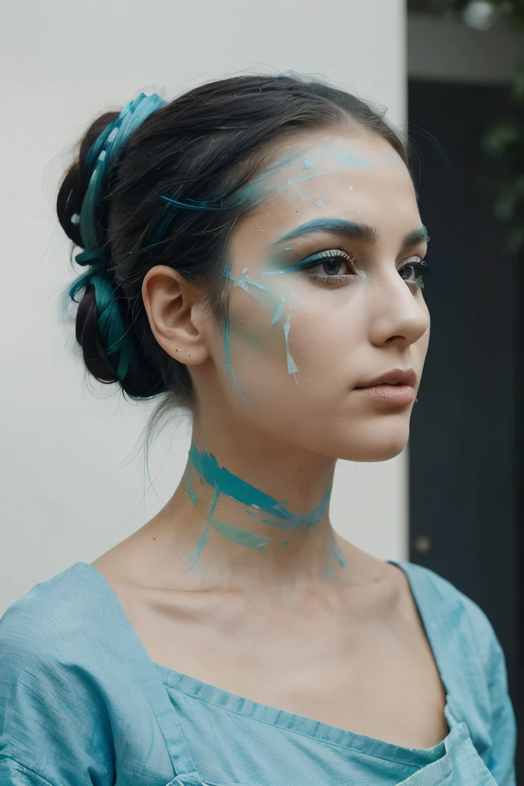 Create an artistic portrait of a woman with her hair tied up. She should have a thoughtful expression, looking to the side. face paints in shades of blue, green and white. The overall style should be modern and visually striking, with a focus on the interplay of colors and the abstract nature of the makeup.