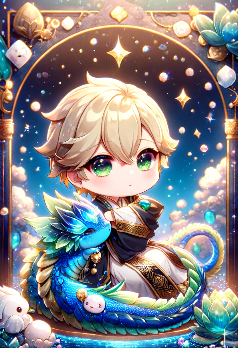 (absurdres, highres, ultra detailed, HDR) master piece, best quality, delicated features, Taishakuten chibi, ash-blonde hair, hair between the eyes, expressive green eyes, Onmyoji, hugging a blue dragon, cute, black haori, white kimono with accessories, jewelry, patterns, magical fantasy, blue butterflies, glittering, sparkling, blue lotus, petals, radiant, blue background with gemstones