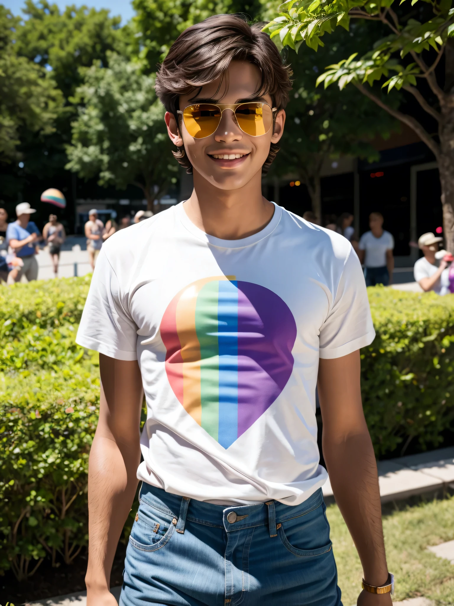 (1boy, photorealistic:1.4, ultra realistic, masterpiece:1.2, best quality, 4k, 8k), beautiful full body photograph of a handsome 21-year-old male enjoying the new york city gay pride parade wearing only sunglasses and denim booty shorts, celebrating gay pride, rainbow flag, pride flag, gay pride, high energy, happy and fun moments, delicate skin, detailed face, ultra realistic skin, youthful innocence, shot on Nikon d850 50mm, dlsr, RAW, outdoor sunny summer day lighting