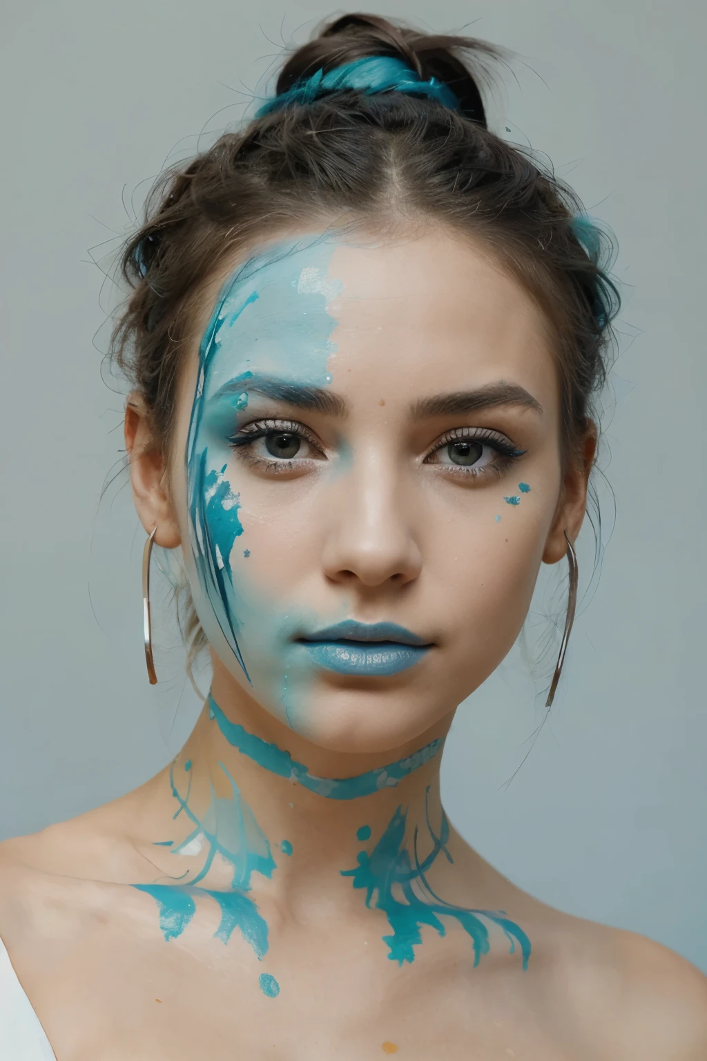 Create an artistic portrait of a woman with her hair tied up. She should have a thoughtful expression, looking to the side. face paints in shades of blue, green and white.  The overall style should be modern and visually striking, with a focus on the interplay of colors and the abstract nature of the makeup.