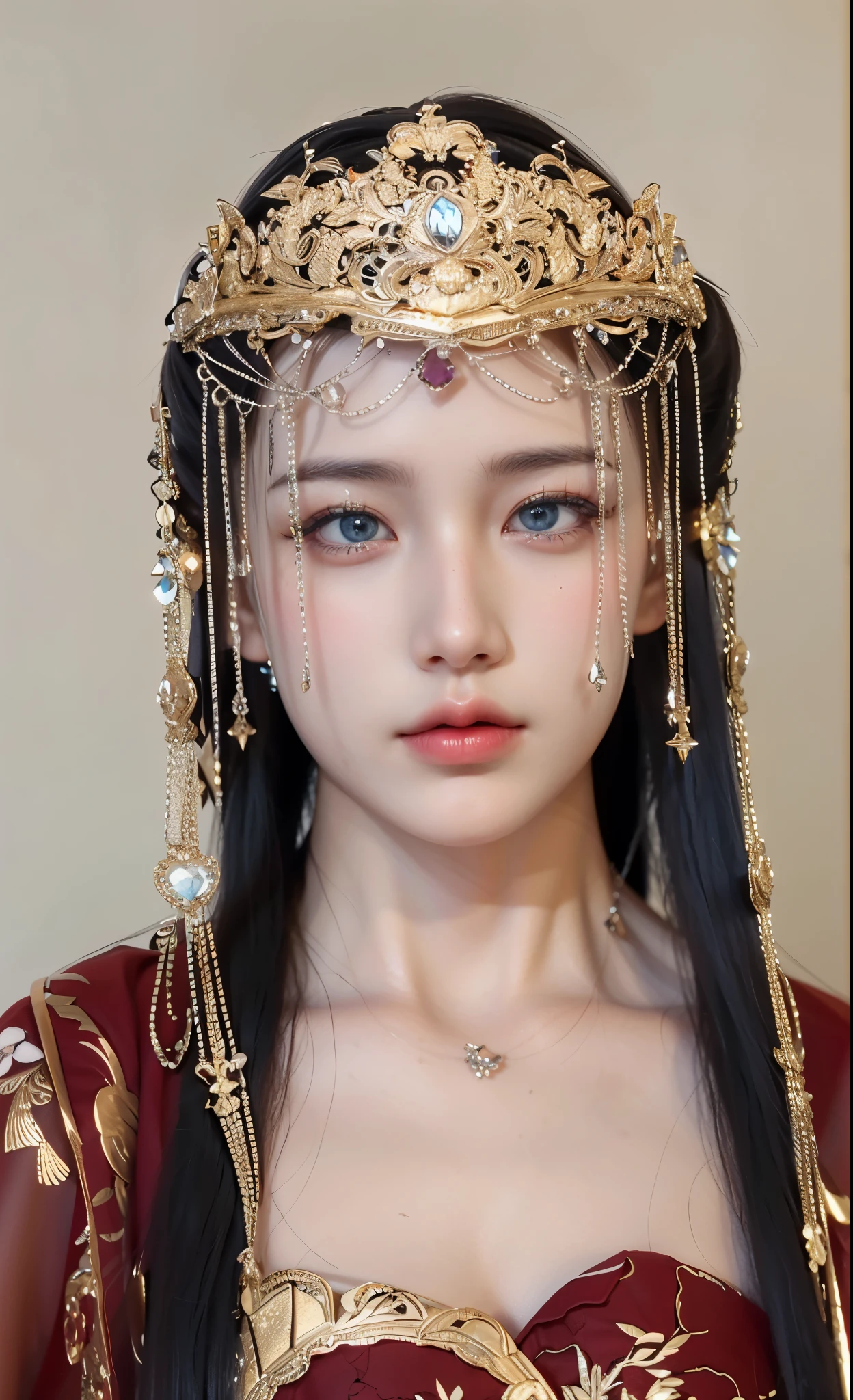 Game Art,Best image quality,Maximum resolution,8k,(A half-length photo),(portrait),(Head close-up),(Rule of Thirds),Unreal Engine 5 rendering works,20 year old girl,((Queen)),The eyes are very detailed,(Large Breasts),Elegant and noble,Light,Light线追踪,Game CG,((3D Unreal Engine)),OC rendering reflection mode,4K,Ultra-clear,Sensual,Translucent lace,Fair and plump figure,Pretty Face,Light泽凝胶涂层,身着华贵礼服的Queen,Crystal Gem Crown,Necklace jewelry,blue eyes,The tattoo is very three-dimensional,Gorgeous and intricate tattoo designs,Ultra-clear portrait,Sexy body,Temple Princess,Sapphire eyes,Gorgeous clothes,Gold Jewelry