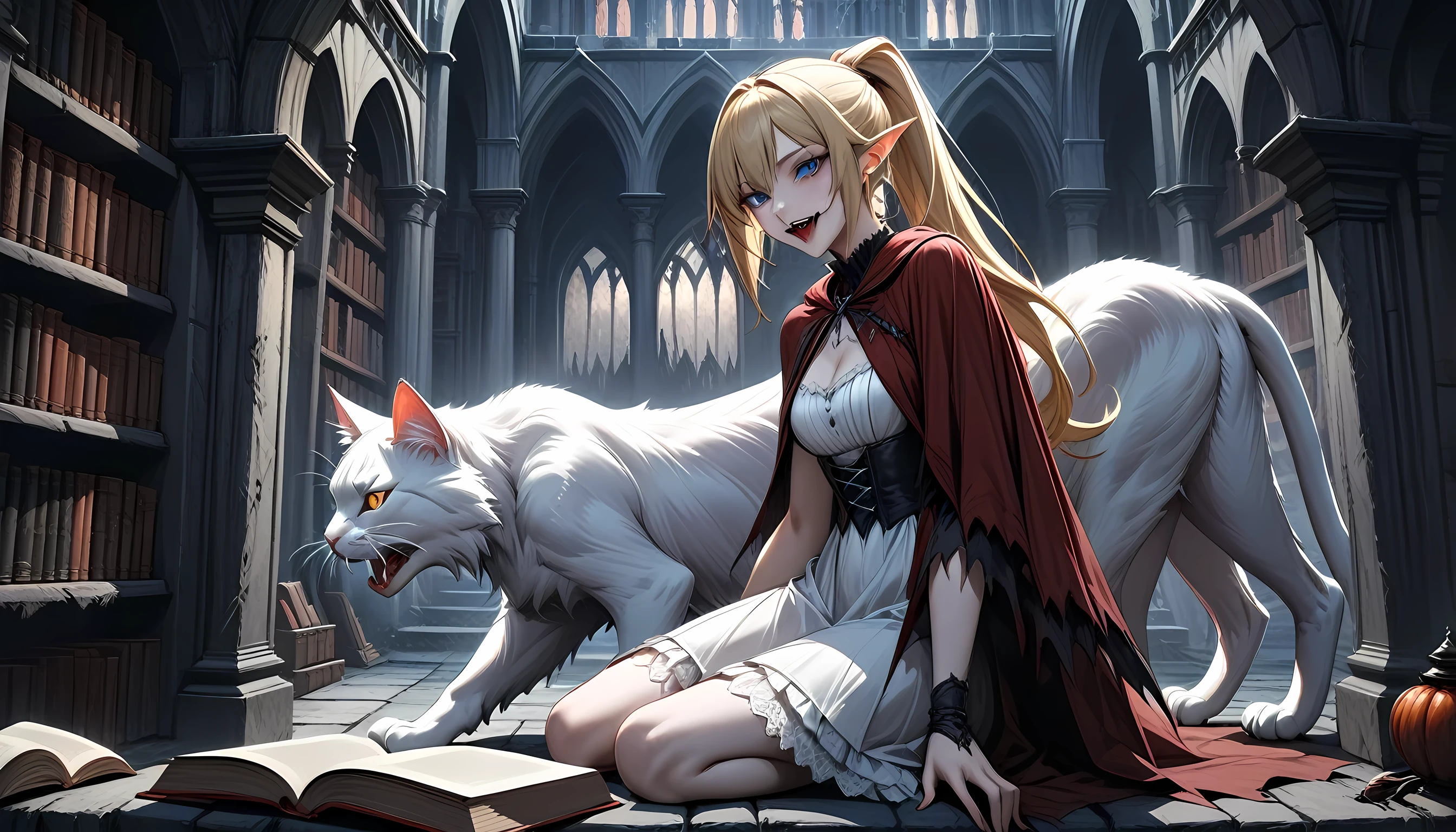 arafed a picture of elf vampire in her castle and her pet epic cat an exquisite beautiful female elf vampire (ultra details, Masterpiece, best quality), bloody mouth blond hair, pale skin, hair in a ponytail, long hair, blue eyes, cold eyes, smirking, wearing white dress (ultra details, Masterpiece, best quality), red cloak, in dark fantasy library, with an ((big cat: 1.3)) (ultra details, Masterpiece, best quality: 1.5) book shelves, arafed high details, best quality, 16k, [ultra detailed], masterpiece, best quality, (ultra detailed), full body, ultra wide shot, photorealism, RAW, dark fantasy art, gothic art, ArmoredDress, Dark Novel, Dark Art Painting Style, Bloodborne