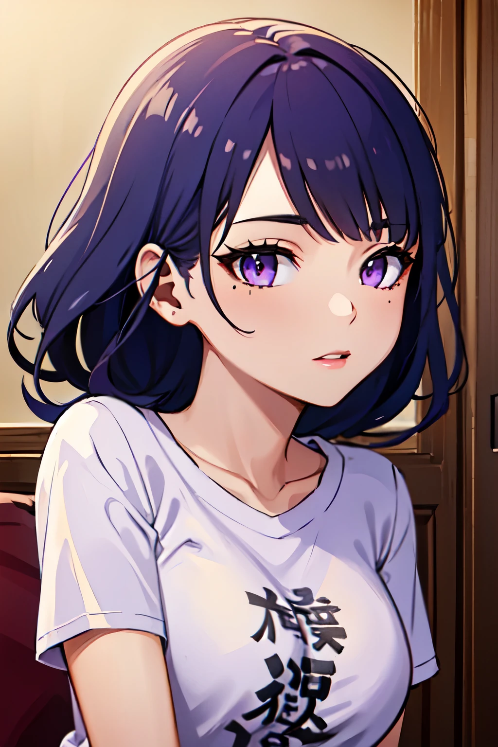 ((best quality)), ((masterpiece)), (detailed), perfect face. Asian girl. Purple hair. Purple eyes. T-shirt.