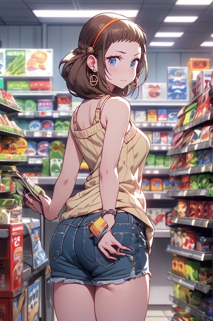 (masterpiece, Best Quality, ultra-detailed, high resolution, extremely detailed CG, official art, Professional Lighting, Perfect Anatomy, anime colors), (from below), looking at viewer, cowboy shot, perfect body, a 24yo beautiful girl, sidelocks, hairband, earrings,medium hips, glamorous body,a small face,beautiful-makeup,Makeup light,dark brown hair, Amazing Cleavage, thin waist, cute ass, Raised sexy, small breast: 1.2 posed cleavage:1.2, (off shoulders,Denimbra,legginullnude), micro denim shorts, bare legs, nail_polish, pale skin, Waiting friend, (morning:1.5), tokyo, (convenience store:1.3), outdoor, (depth of field:1.3), contrapposto, (Hold a coffee in your hand:1.3),delicate beautiful face, Bright blue eyes, cute eyes, sparkling eyes, Big eyes, (perky chest:1.1), (pointed chest:1.3), looking at viewer,
