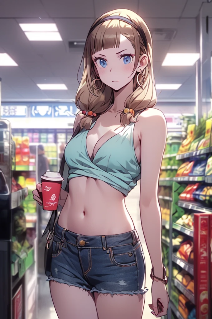 (masterpiece, Best Quality, ultra-detailed, high resolution, extremely detailed CG, official art, Professional Lighting, Perfect Anatomy, anime colors), (from below), looking at viewer, cowboy shot, perfect body, a 24yo beautiful girl, sidelocks, hairband, earrings,medium hips, glamorous body,a small face,beautiful-makeup,Makeup light,dark brown hair, Amazing Cleavage, thin waist, cute ass, Raised sexy, small breast: 1.2 posed cleavage:1.2, (off shoulders,Denimbra,legginullnude), micro denim shorts, bare legs, nail_polish, pale skin, Waiting friend, (morning:1.5), tokyo, (convenience store:1.3), outdoor, (depth of field:1.3), contrapposto, (Hold a coffee in your hand:1.3),delicate beautiful face, Bright blue eyes, cute eyes, sparkling eyes, Big eyes, (perky chest:1.1), (pointed chest:1.3), looking at viewer,
