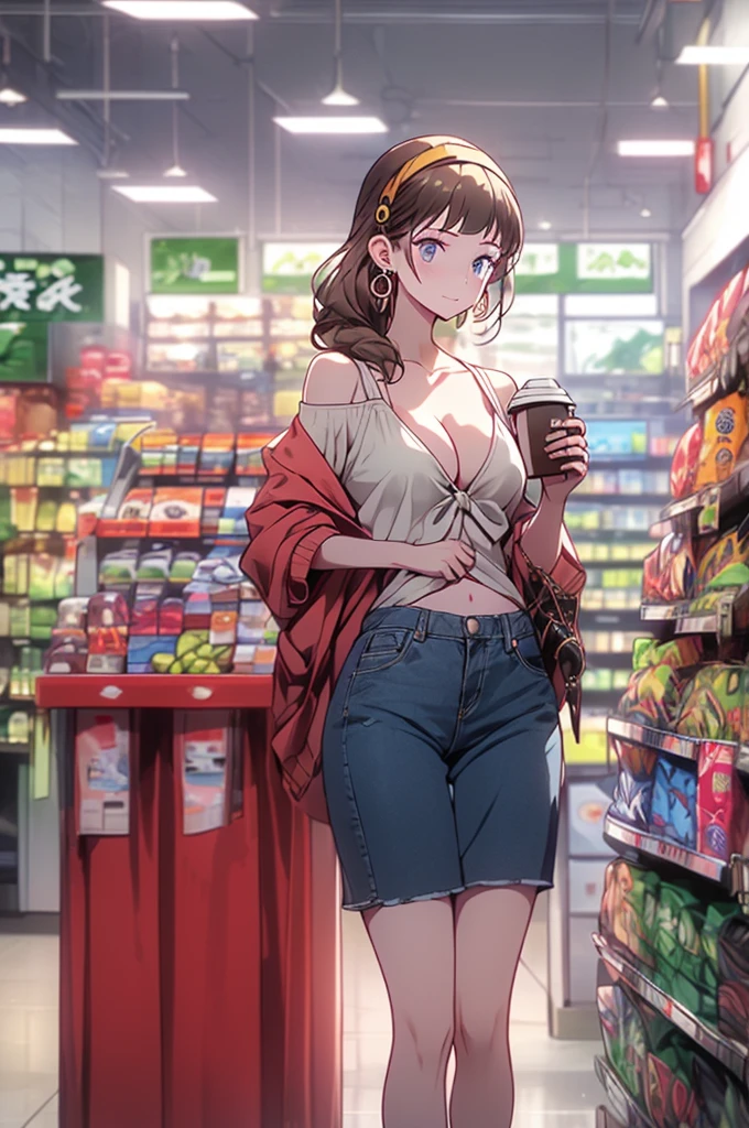 (masterpiece, Best Quality, ultra-detailed, high resolution, extremely detailed CG, official art, Professional Lighting, Perfect Anatomy, anime colors), (from below), looking at viewer, cowboy shot, perfect body, a 24yo beautiful girl, sidelocks, hairband, earrings,medium hips, glamorous body,a small face,beautiful-makeup,Makeup light,dark brown hair, Amazing Cleavage, thin waist, cute ass, Raised sexy, small breast: 1.2 posed cleavage:1.2, (off shoulders,Denimbra,legginullnude), micro denim shorts, bare legs, nail_polish, pale skin, Waiting friend, (morning:1.5), tokyo, (convenience store:1.3), outdoor, (depth of field:1.3), contrapposto, (Hold a coffee in your hand:1.3),delicate beautiful face, Bright blue eyes, cute eyes, sparkling eyes, Big eyes, (perky chest:1.1), (pointed chest:1.3), looking at viewer,