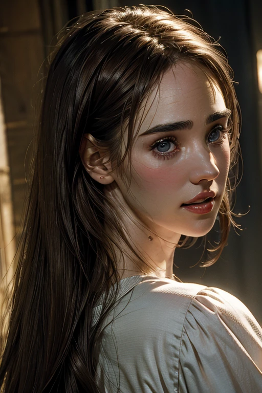 (best quality,4k,highres:1.2),ultra-detailed,realistic,photorealistic:1.37,A girl in a dark and moody setting,portrait blurred background,metallic outfit,shot with Sony Alpha 7 DSLR,beautiful detailed eyes,beautiful detailed lips,emotionally expressive face,long eyelashes,dark mysterious atmosphere,magical lighting,golden hour glow,reflective surface,high contrast,soft shadows,mysterious mist,subtle hints of fog,lens flare,chromatic aberration,rich and vibrant colors,dramatic pose with a slight tilt of the head,focus on the girl's face,subtle bokeh effects