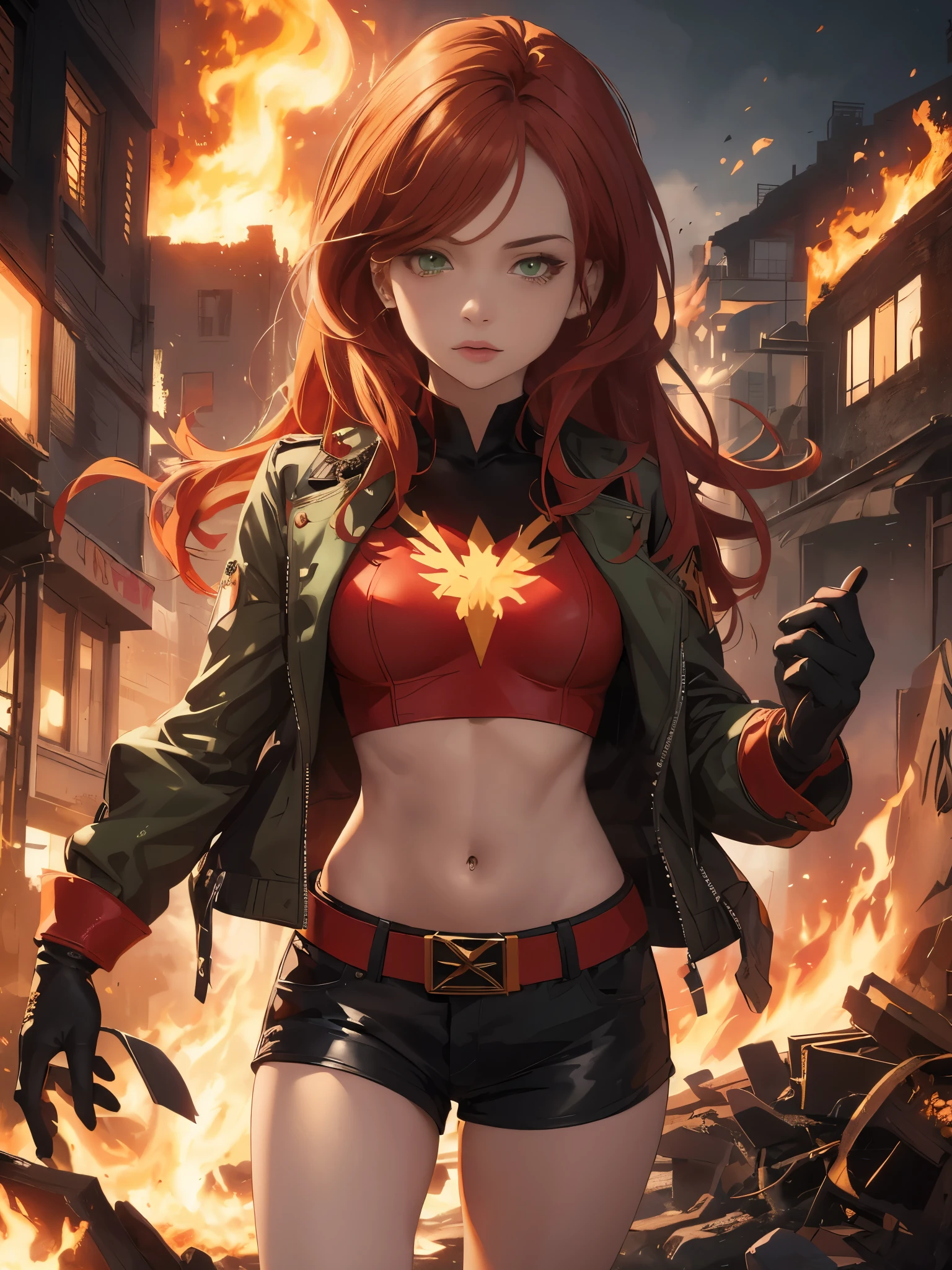 (Highly quality, masterpiece, detailed), burning city detailed scenario, burning city detailed background, jean-grey, belt, red leather crop top jacket, gloves, Phoenix symbol on chest, red leather shorts, navel, perfect face, beautiful green eyes, looking at the viewer, Sexy pose