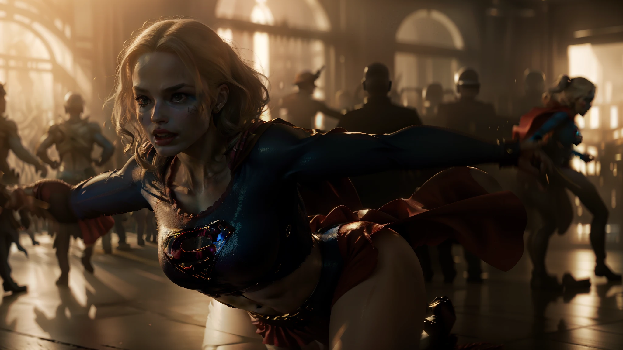 "Dancing hot Supergirl, hiper-realista, High definition, 8k resolution, cinematic, reminiscente da arte de Jim Lee, renderizado em 3D impressionante"