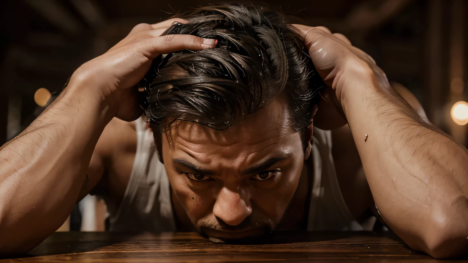 a desperate man at a table full of debts, 8k, hyper realistic, highly detailed skin.