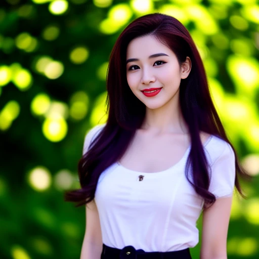 Draw the lips correctly, red lipstick, From the chest up, best quality, Extremely detailed, realistic, ผิวExtremely detailed, perfect ???????, (Wide aperture, warm light,), (alone)，Wear a dark red shirt.，short sleeve，Blue Jeans，black belt，Long hair in a ponytail flew up.，24-year-old woman，mature，Charming smile，outdoor background，stand，leg length, big breasts，stand up，full body shot