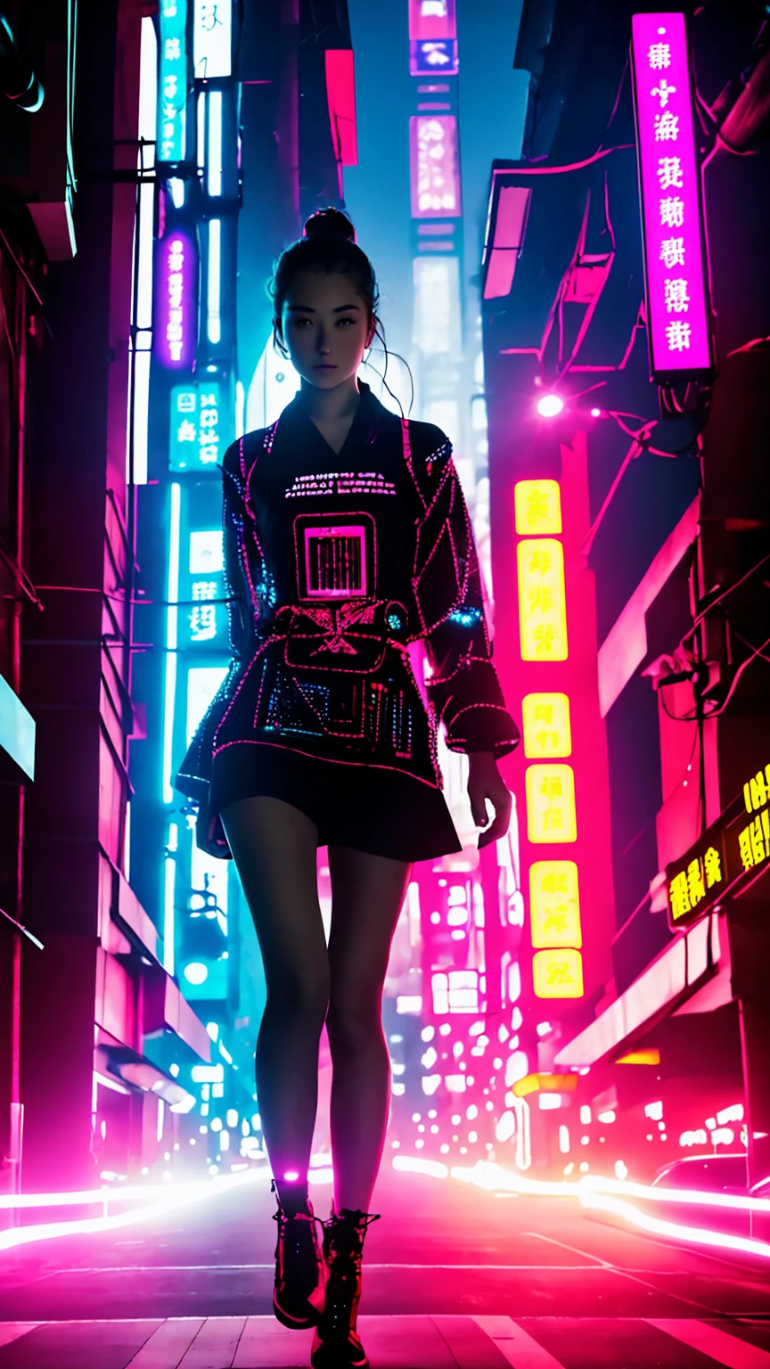 (masterpiece, best quality:1.1),
(8k, best quality, masterpiece, ultra highres, ultra-detailed:1.2),future technology,1girl,A samurai girl wearing a cyberpunk-style mecha costume,Shining laser Japanese sword,dynamic poses,(glowing electronic screen),(Electronic information flow:1.3),Holographic projection,(Glowing electronic screen on arm:1.2),whole body,Multi-wire striations,Luminous text on thigh,(girl pose:1.2),Glowing electronic shoes,whole body,Colored smoke,City blocks,skyscraper,neon lights,