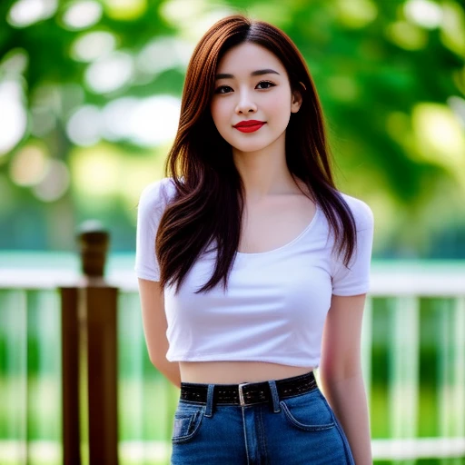 Draw the lips correctly, red lipstick, From the chest up, best quality, Extremely detailed, realistic, ผิวExtremely detailed, perfect anatomy, (Wide aperture, warm light,), (alone),Wear a dark red shirt.,short sleeve,Blue Jeans,black belt,Long hair in a ponytail flew up.,24-year-old woman, Charming smile,outdoor background,stand,leg length, big breasts,stand up,full body shot