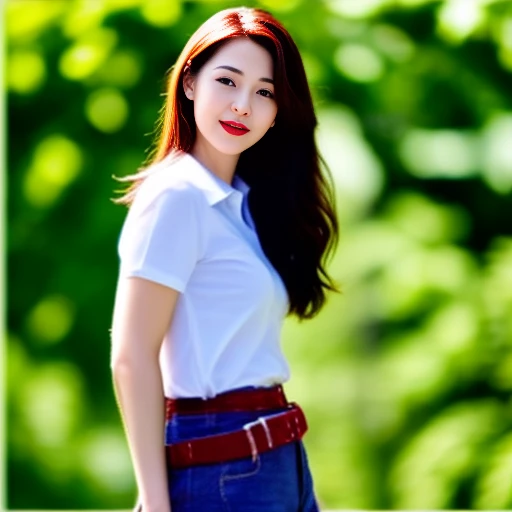 Draw the lips correctly, red lipstick, From the chest up, best quality, Extremely detailed, realistic, ผิวExtremely detailed, perfect anatomy, (Wide aperture, warm light,), (alone),Wear a dark red shirt.,short sleeve,Blue Jeans,black belt,Long hair in a ponytail flew up.,24-year-old woman, Charming smile,outdoor background,stand,leg length, big breasts,stand up,full body shot