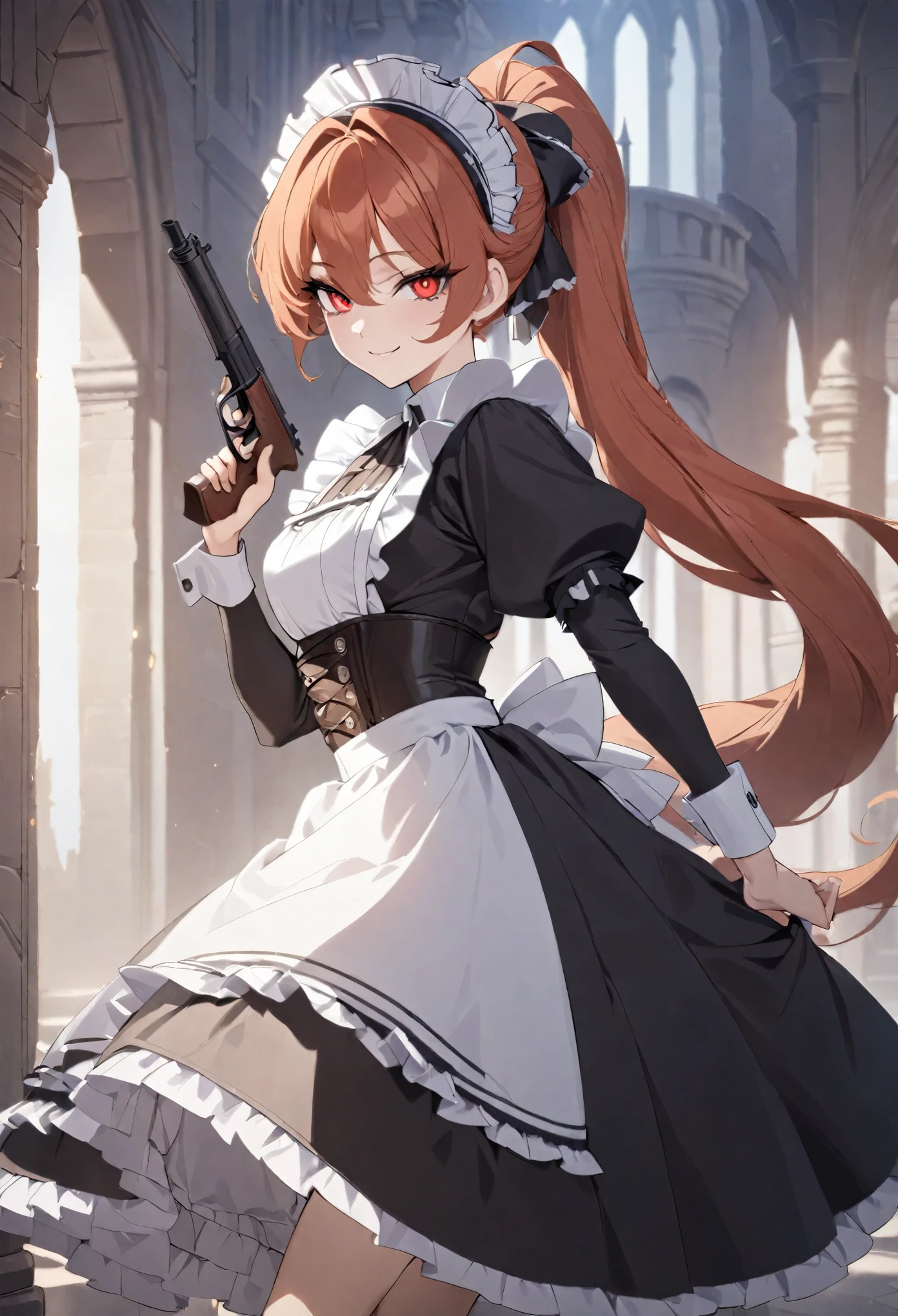 (best quality,4k,8k,highres,masterpiece:1.2),ultra-detailed, (1girl) A cute age bodyguard maid with red eyes, gunslinger, drawn in anime style, spiky ginger hair in a long ponytail, extremely detailed eyes and face,long eyelashes, victorian fashion, wearing a cute black maid dress with puffy sleeves, corset, tactical gear, light armour, petticoat, bloomers, a frilly headband, a frilly white apron, high-heel boots, ribbons, gun holster, steampunk style, girlish smile, feminine and elegant posture, waiting in a castle hallway, holding a pistol, volumetric lighting,cinematic lighting,protective posture,dramatic close up,highly detailed texture,intricate details.