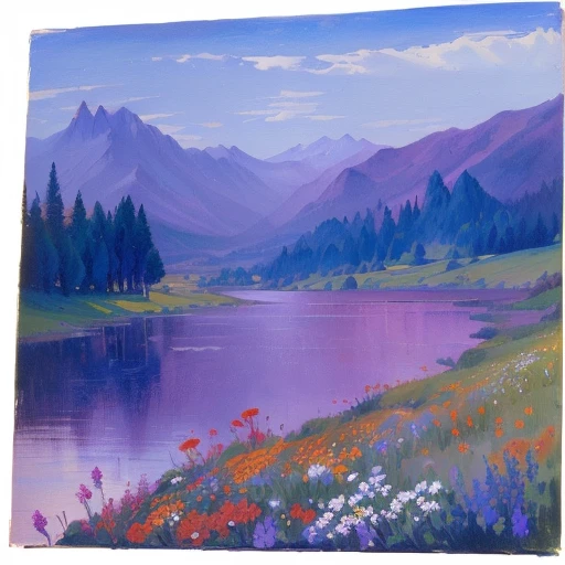 painting of a lake with wildflowers and mountains in the background, painted landscape, inspired by Lois Dodd, gouache, added detail, inspired by Marianne von Werefkin, inspired by Thomas Moran, landscape painting, by Hermione Hammond, inspired by Svetoslav Roerich, impressionistic brushwork, an acrylic painting, inspired by Wolf Kahn, inspired by Theodore Earl Butler
