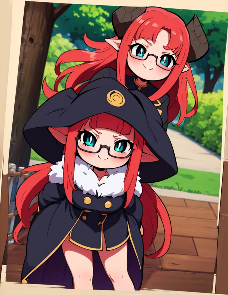 Anime girl with red hair and glasses standing in front of a tree, foto de perfil de discordia, mischievous smile, anime moe art style, booru, sonrisa nefasta, retrato de a female demon, The portrait of the dragon girl, retrato de a mage, cunning expression, retrato de a female mage, discordia pfp, retrato de ((travieso))