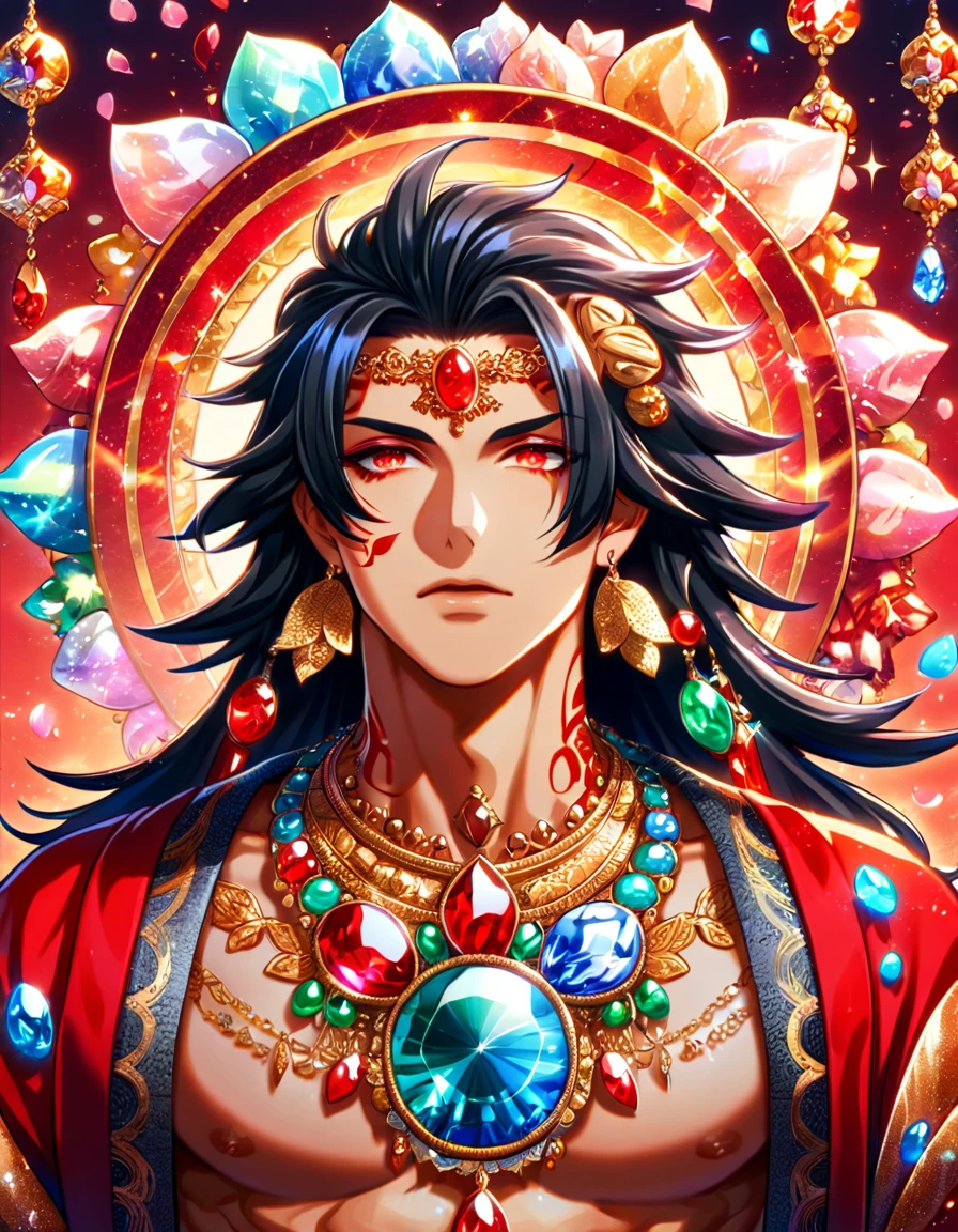 (absurdres, highres, ultra detailed, HDR) master piece, best quality, delicated features, Ashura, black long hair, untamed hair, expressive red eyes, Onmyoji, red lotus tattoo on the forehead, solo, sexy man, handsome, tanned skin, toned chest, red haori, with accessories, jewelry, lotus earrings, patterns, magical fantasy, red butterflies, glittering, sparkling, red lotus, petals, radiant, red background with gemstones