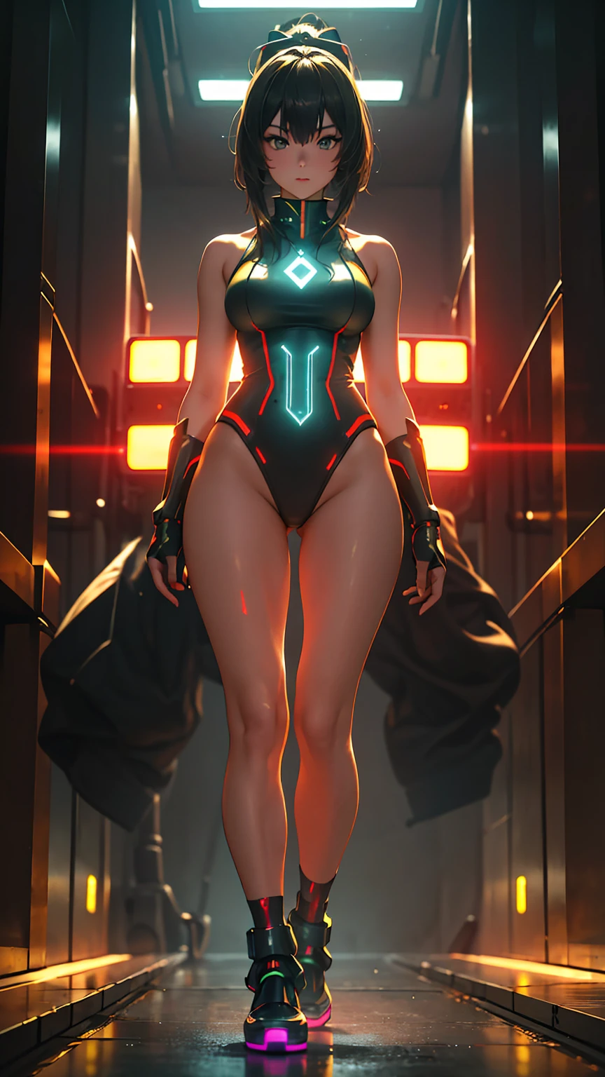(masterpiece, best quality:1.1),
(8k, best quality, masterpiece, ultra highres, ultra-detailed:1.2),future technology,1girl,A samurai girl wearing a cyberpunk-style mecha costume,Shining laser Japanese sword,dynamic poses,(glowing electronic screen),(Electronic information flow:1.3),Holographic projection,(Glowing electronic screen on arm:1.2),whole body,Multi-wire striations,Luminous text on thigh,(girl pose:1.2),Glowing electronic shoes,whole body,Colored smoke,City blocks,skyscraper,neon lights,