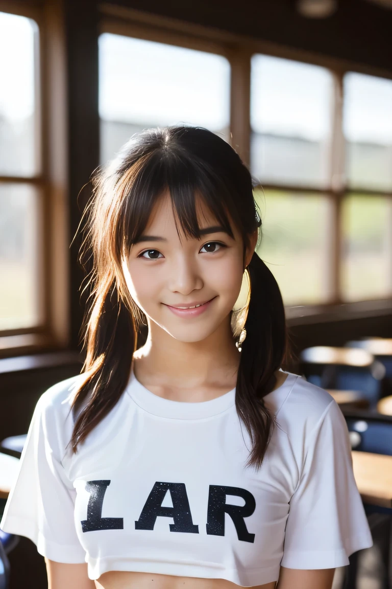 (The body is facing the viewer :1.2), (the body is facing the front:1.2, Lens 135mm f1.8, (highest quality),(RAW photo), slender bpdy, (Beautiful ar old anese girl), cute face, (deeply carved face:0.7), (freckles:0.6), ,dramatic , (crop top t_shirt), (inside the school classroom), shy, low twintails, ,shy smile,, (sparkling eyes)、( standing),((photo from the waist up)) ,do not emphasize the top of the bust, ,