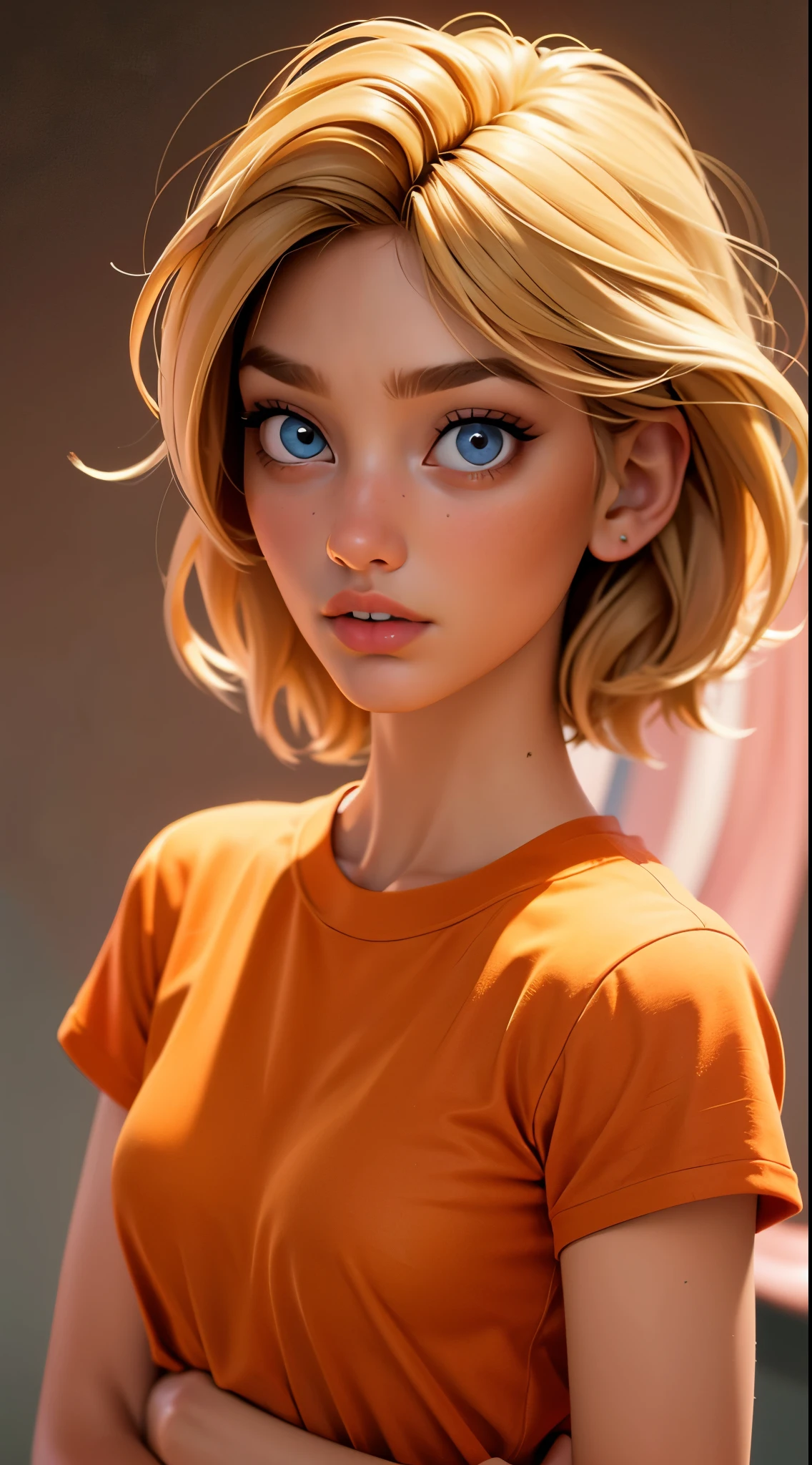 edgnd_woman, blonde hair, very short hair, orange tshirt, perfect hands, photo, realistic, hypernaturally, expressive eyes, dimension, art art, bohemian, aesthetic, lineout, high quality, work of art, hyper-detailing., ISO 300,