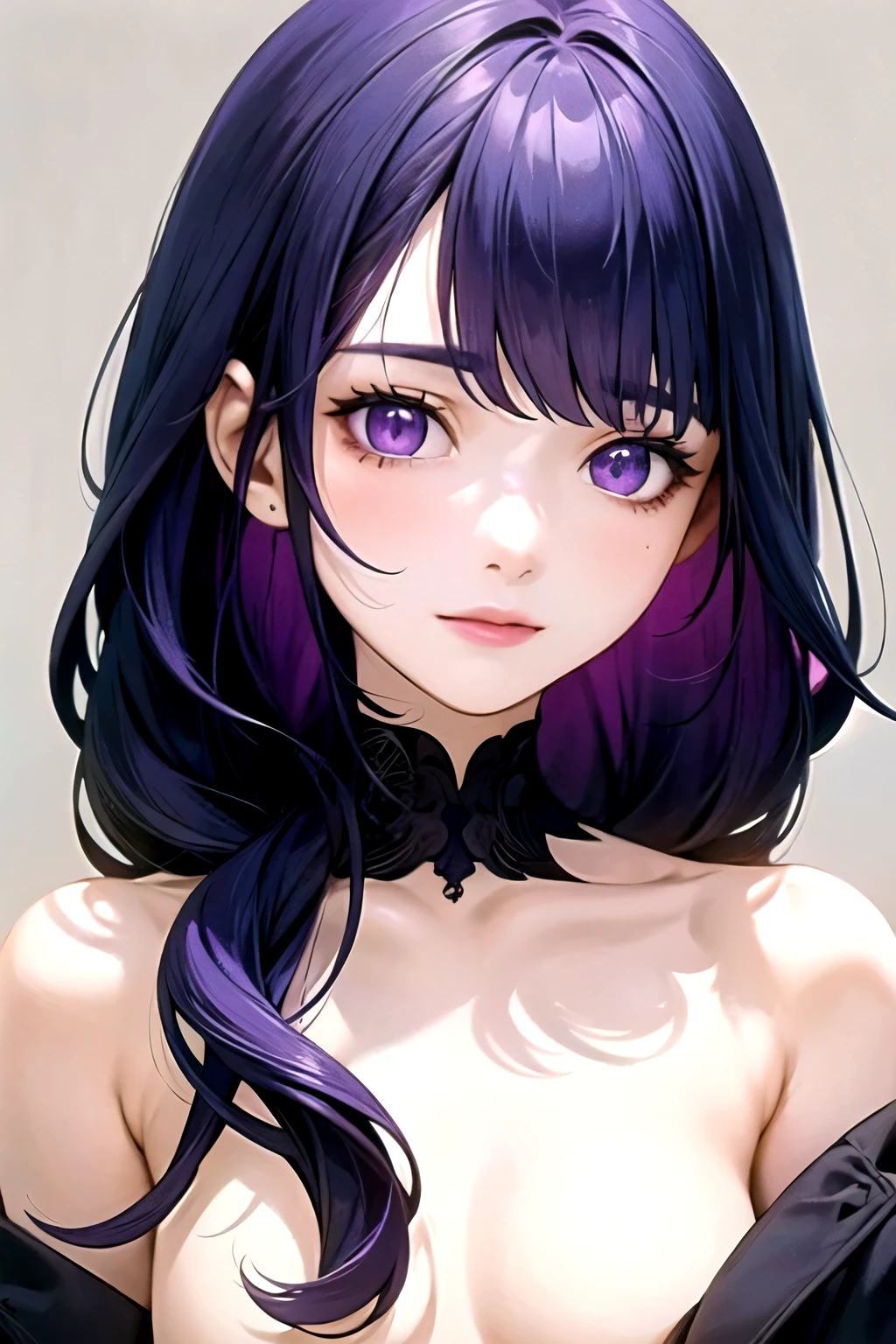 ((best quality)), ((masterpiece)), (detailed), perfect face. Asian girl. Purple hair. Purple eyes. Topless.