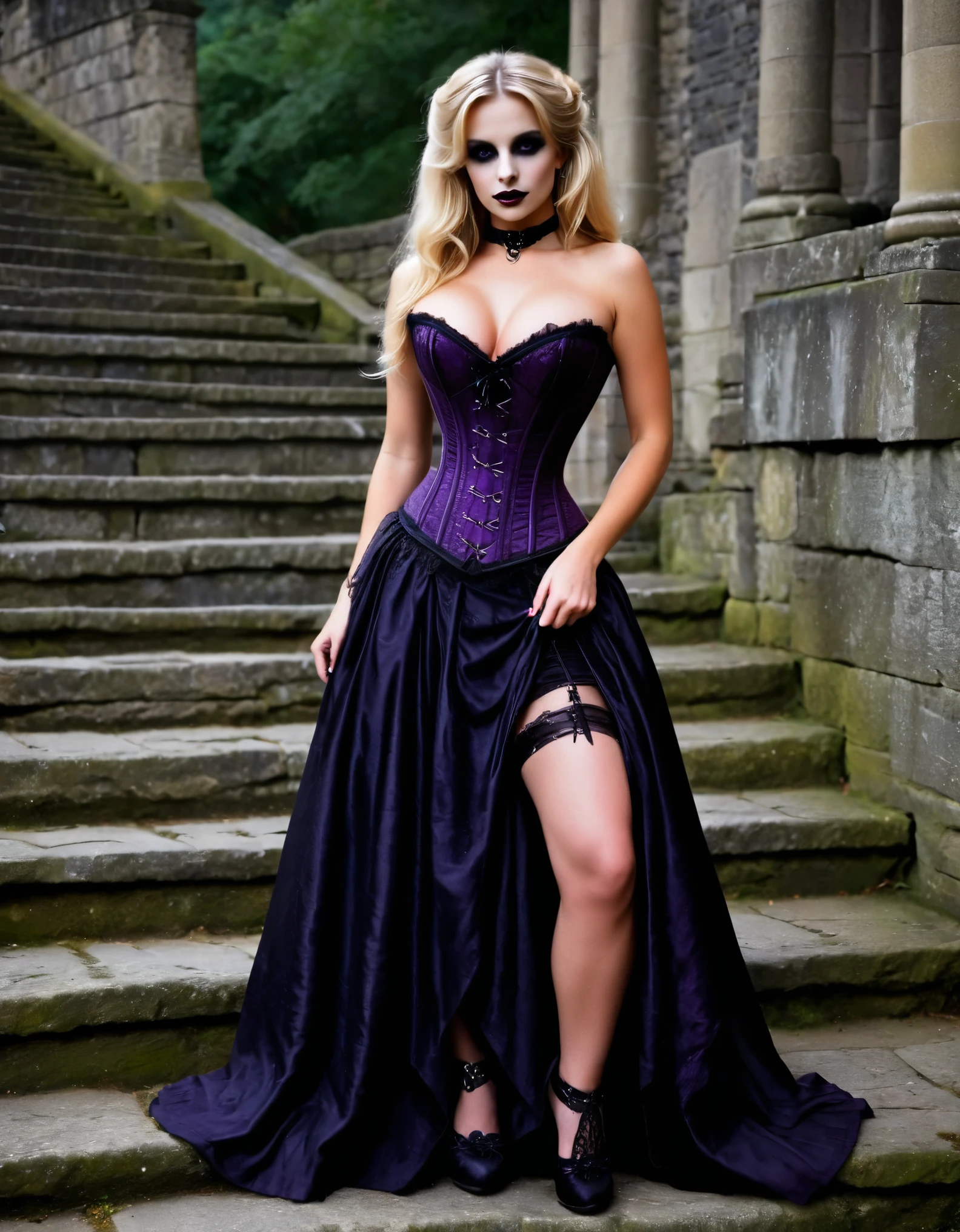 A blonde woman with gothic makeup, wearing a dark purple corset and black skirt, standing on ancient stone steps.