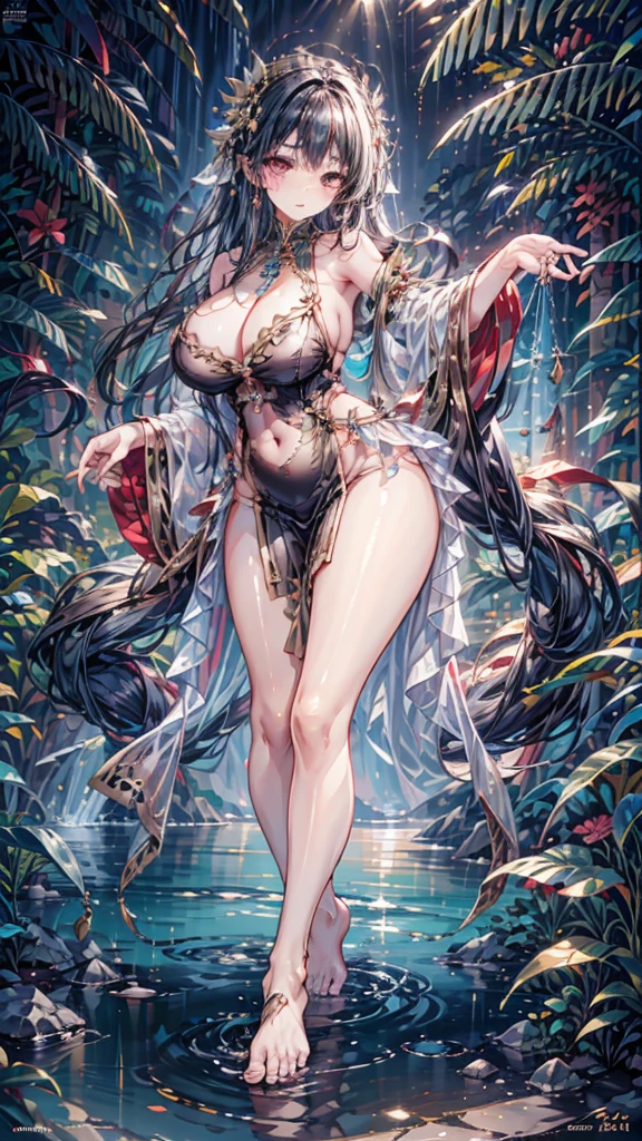  girl,huge breasts，Wearing gold and silver jewelry，bare feet,Brown skin，Southeast Asian girl，with black curled hair，Southeast Asian decorations，Southeast Asian peopleull body like，standing，Black colored eyes， rained heavily，pond side，grimy