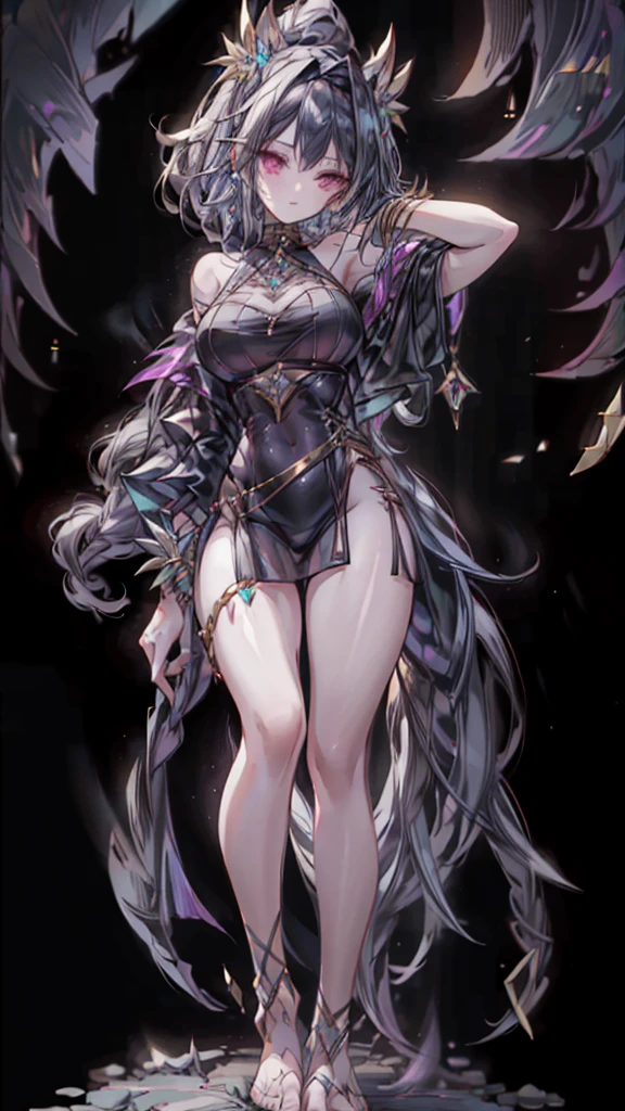 girl,huge breasts,Wearing gold and silver jewelry,bare feet,Brown skin,Southeast Asian girl,with black curled hair,Southeast Asian decorations,Southeast Asian peopleull body like,standing,Black colored eyes, rained heavily,pond side,grimy