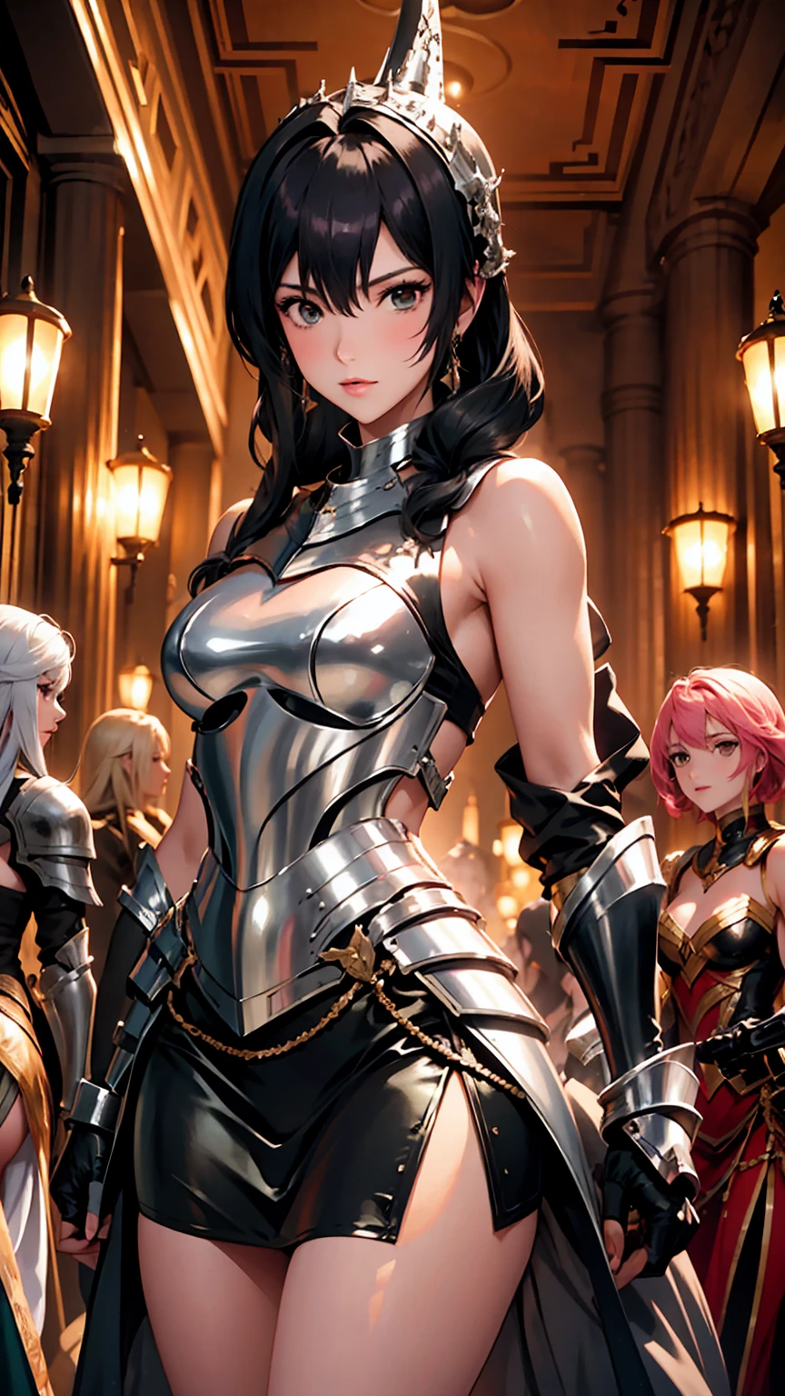 A group of female knights, (in cave), various hair styles, harem, wearing armored clothes, metal armor, night, details face, short skirt, seducing, sword, sleeveless