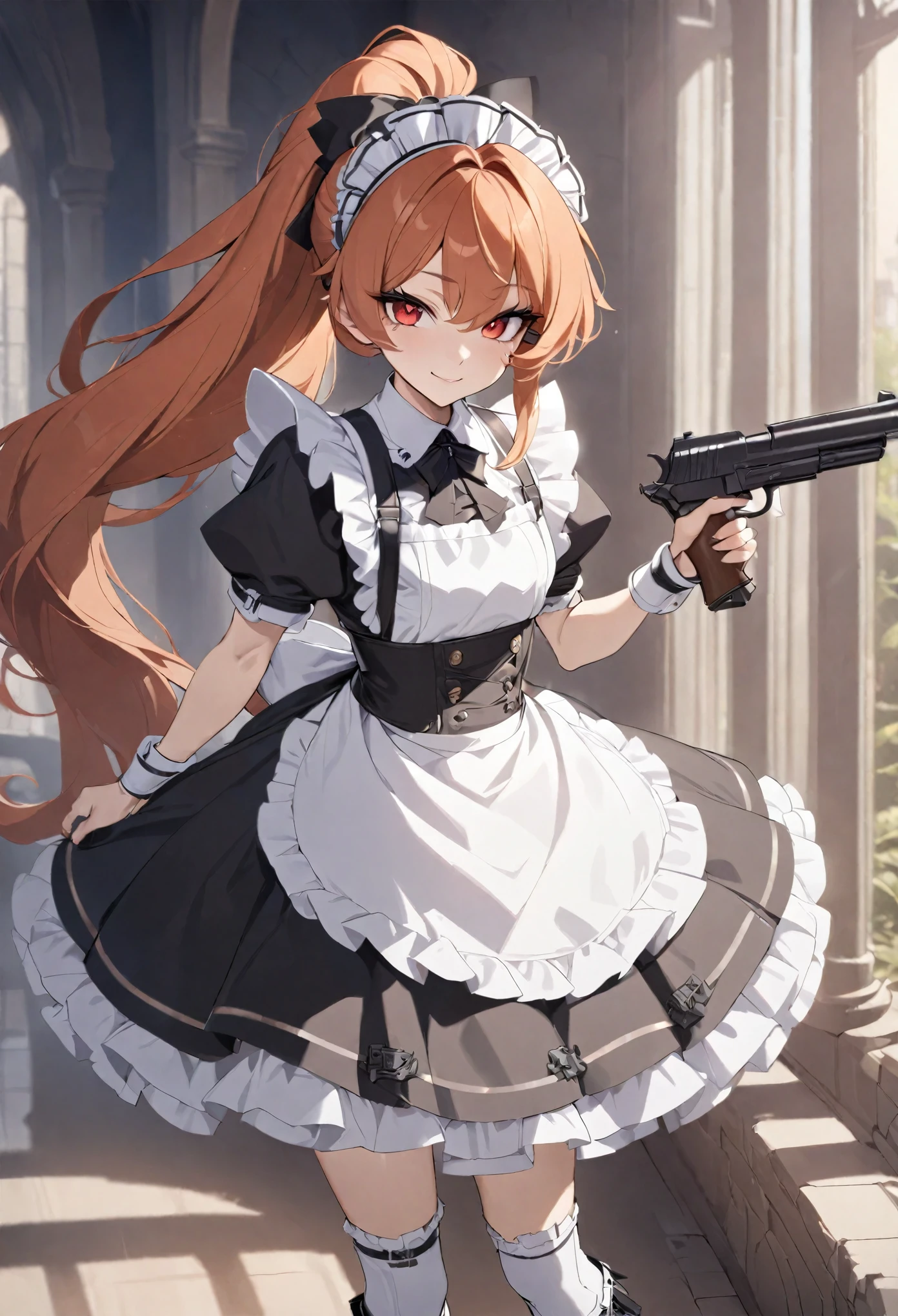 (best quality,4k,8k,highres,masterpiece:1.2),ultra-detailed, (1girl) A cute age bodyguard maid with red eyes, gunslinger, drawn in anime style, spiky ginger hair in a long ponytail, cute eyes and detailed face,long eyelashes, victorian fashion, wearing a cute black maid dress with puffy sleeves, corset, tactical gear, light armour, petticoat, bloomers, a frilly headband, a frilly white apron, high-heel boots, ribbons, gun holster, steampunk style, girlish smile, feminine and elegant posture, waiting in a castle hallway, holding a pistol, volumetric lighting,cinematic lighting,protective posture,dramatic close up,highly detailed texture,intricate details.