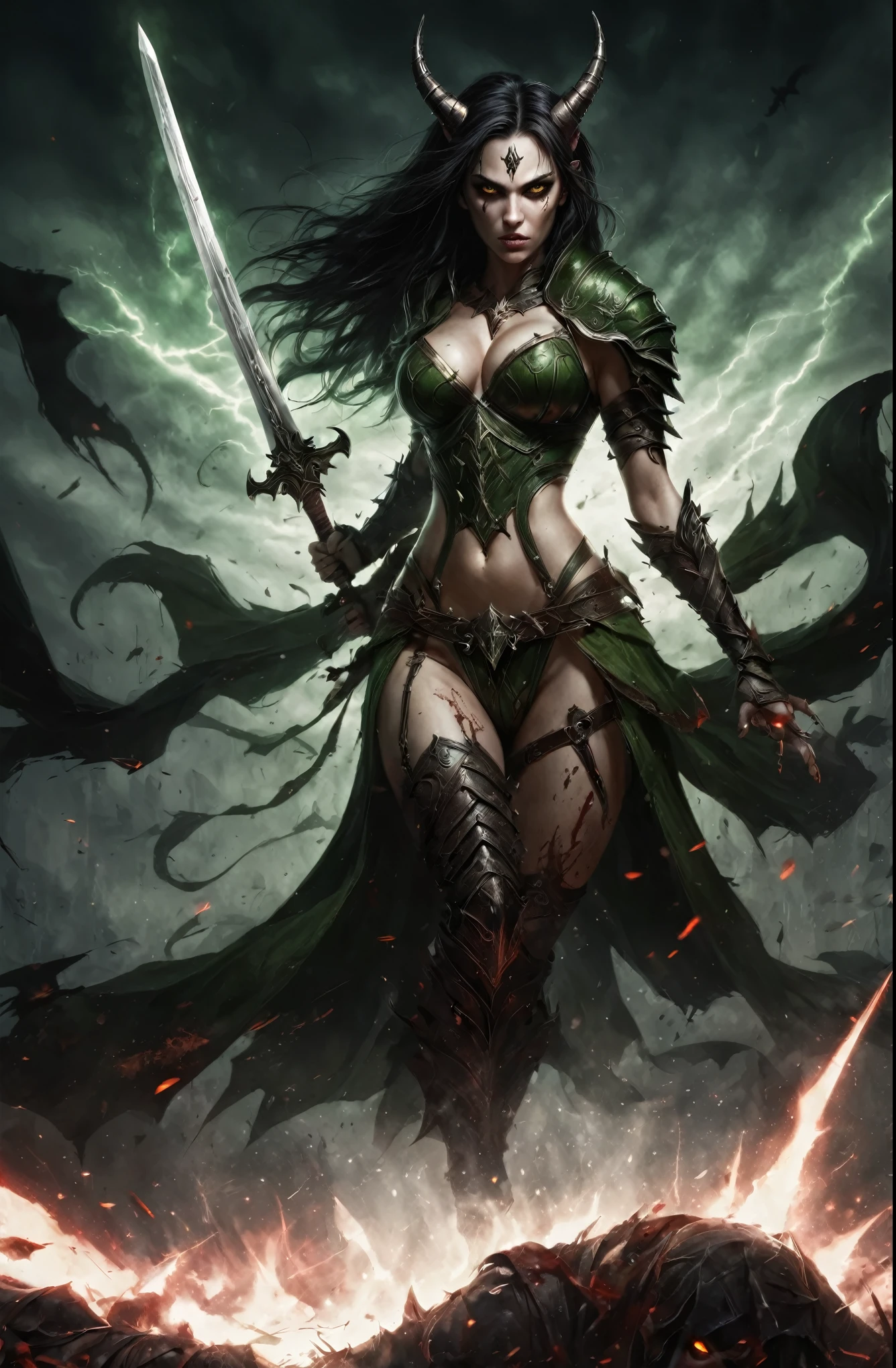 Illustrate a stunning movie poster for an epic fantasy trailer featuring Callizto, a night elf demon hunter. She is depicted with a fierce expression, her green eyes piercing through the darkness. large breast:1.8, cleavage, temptation, seduction, eat your soul, She wears ornate, dark armor with a demonic influence, holding two blazing swords crossed in front of her. The backdrop is a war-torn battlefield under a blood-red sky, with demonic creatures emerging from the shadows. Highlight her as the central figure with a dark, magical glow surrounding her.