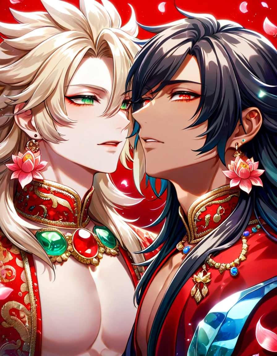 (absurdres, highres, ultra detailed, HDR) master piece, best quality, delicated features, tanned skin, Ashura, black long hair, untamed hair, expressive red eyes, Onmyoji, Taishakuten, light-blonde hair, expressive green eyes, two men together, gay couple, yaoi, handsome, red haori, with accessories, jewelry, lotus earrings, patterns, magical fantasy, red butterflies, glittering, sparkling, red lotus, petals, radiant, red background with gemstones