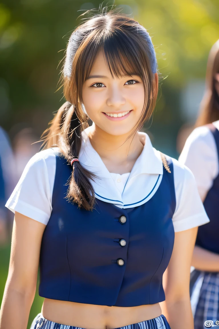 (The body is facing the viewer :1.2), (the body is facing the front:1.2, Lens 135mm f1.8, (highest quality),(RAW photo), slender bpdy, (Beautiful 15year old Japanese girl), cute face, (deeply carved face:0.7), (freckles:0.6), ,dramatic , (crop top ), (inside the school classroom), shy, low twintails, ,shy smile,, (sparkling eyes)、( standing),((photo from the waist up)) ,do not emphasize the top of the bust, ,