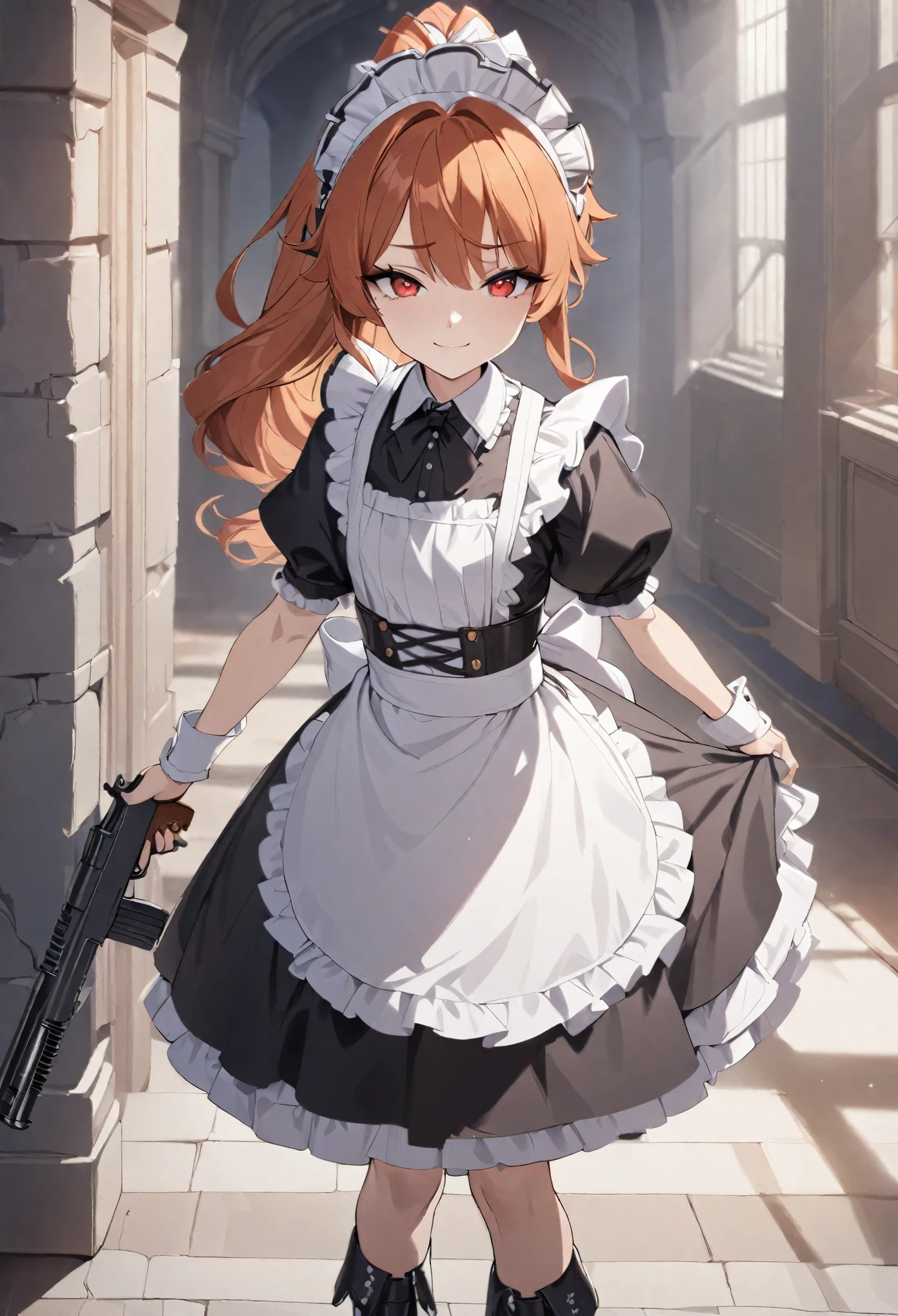 (best quality,4k,8k,highres,masterpiece:1.2),ultra-detailed, (1girl) A cute teenage bodyguard maid with red eyes, gunslinger, drawn in anime style, spiky ginger hair in a long ponytail, cute eyes and detailed face,long eyelashes, victorian fashion, wearing a cute black maid dress with puffy sleeves, corset, tactical gear, light armour, petticoat, bloomers, a frilly headband, a frilly white apron, high-heel boots, ribbons, gun holster, steampunk style, girlish smile, feminine and elegant posture, waiting in a castle hallway, holding a pistol, volumetric lighting,cinematic lighting,protective posture,dramatic close up,highly detailed texture,intricate details.