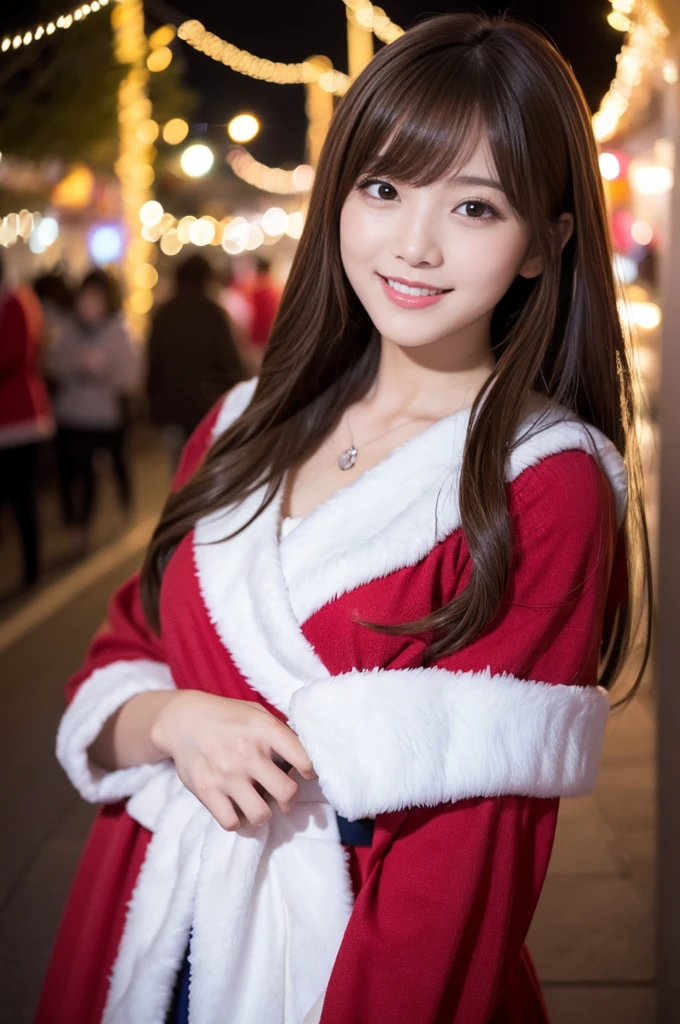 masterpiece、1 beautiful girl、Detailed eyes、Puffy eyes、highest quality, 超A high resolution, (reality: 1.4), Cinema Lighting、Japanese、Asian Beauty、so beautiful、Beautiful Skin、thin、Body facing forward、(超reality的な)、(High resolution)、(8k)、(Very detailed)、(beautiful Detailed eyess)、(Very detailed)、 (wall-)、Detailed face、Bright lighting、Professional Lighting、Looking at the audience、Look straight ahead、Santa Claus Costume、Long Hair, Asymmetrical bangs, 、Night view、Brown Hair、Japanese Idols、Korean Idol、Fiery idol pose、、23 years old、expensive, smile, Nagasaki City、Busy night town at Christmas、Snowy Town