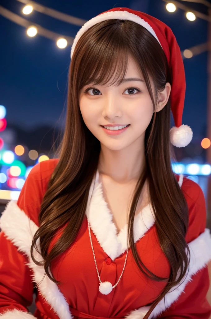 masterpiece、1 beautiful girl、Detailed eyes、Puffy eyes、highest quality, 超A high resolution, (reality: 1.4), Cinema Lighting、Japanese、Asian Beauty、so beautiful、Beautiful Skin、thin、Body facing forward、(超reality的な)、(High resolution)、(8k)、(Very detailed)、(beautiful Detailed eyess)、(Very detailed)、 (wall-)、Detailed face、Bright lighting、Professional Lighting、Looking at the audience、Look straight ahead、Santa Claus Costume、Long Hair, Asymmetrical bangs, 、Night view、Brown Hair、Japanese Idols、Korean Idol、Fiery idol pose、、23 years old、expensive, smile, Nagasaki City、Busy night town at Christmas、Snowy Town