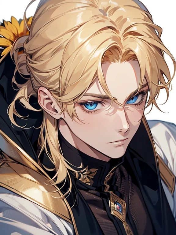 best quality, 4k, handsome boy, in his 20s, sunflower-blonde hair, side part hairstyle, ultra detailed beautiful eyes, blue eyes, gentle expression, magic, simple white background.