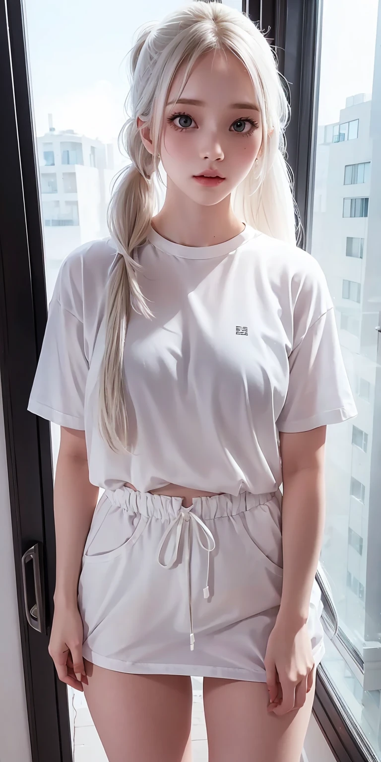 cute girl beautifull face in the word long hair ,white two twin ponytail hair, big  , girl watching out to the window on a reaining day , outside very vbeatifull viw hyper realistic , realistic resolution , ultra HD , , wet sperm  . very short very thight short t-shirt 

